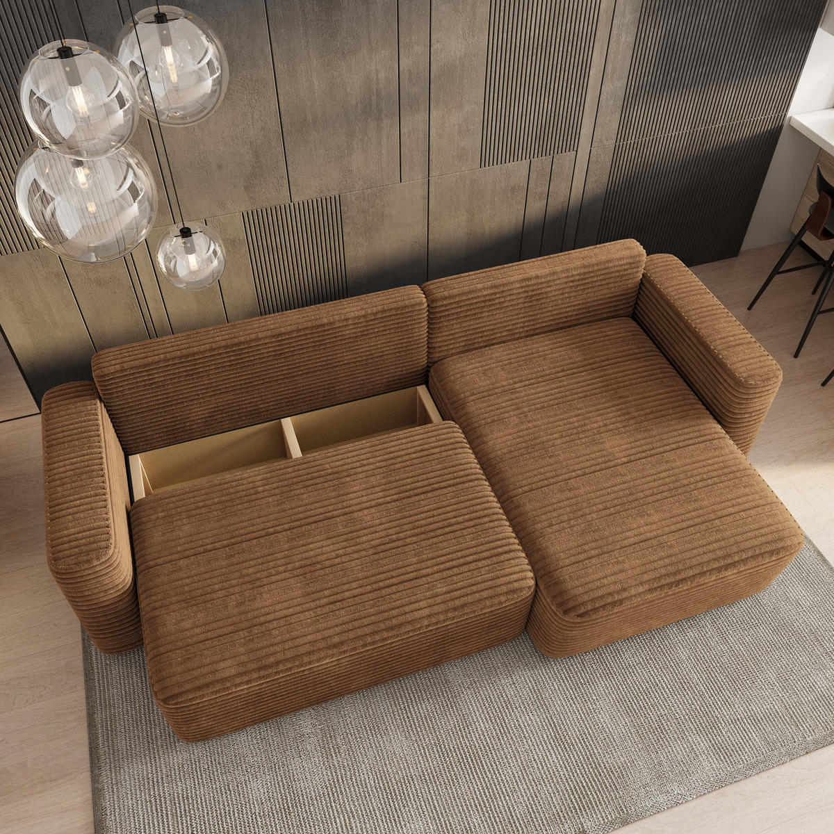 ECKSOFA TELIN Orange Kordstoff mit Schlaffunktion - Orange, Holz (280/162cm) - MASSENO