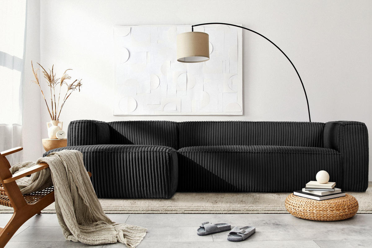 ECKSOFA-LINKS FEROX Modern, Cord-Stoff, schwarz - Schwarz, Textil (305/175cm) - KONSIMO®