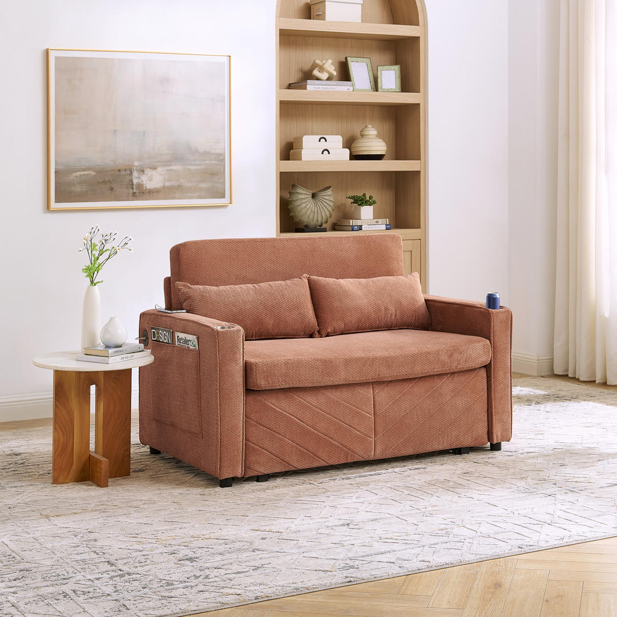 SCHLAFSOFA aus Holz und Stoff mit USB-Ladeports und Schiebe-Transform-Funktion Orange - Orange, Holz (134/73/195cm) - Modenvie