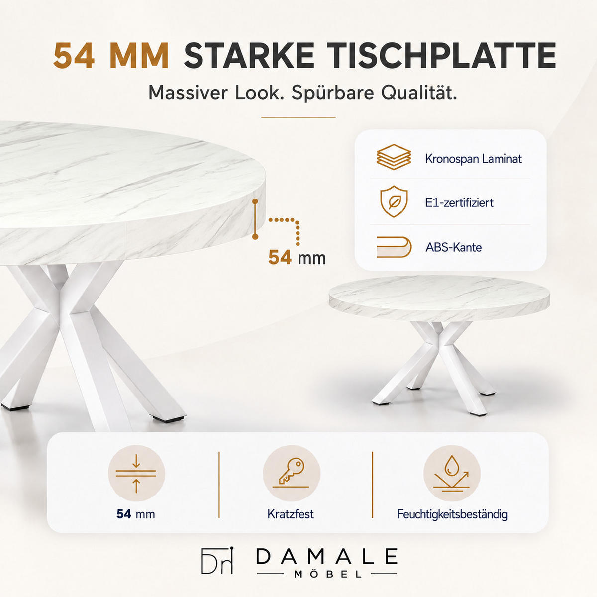 ESSTISCH rund ausziehbar 100/200/76 cm, Marmoroptik, 54 cm Tischplatte + Metall weiß - Hellgrau/Weiß, Holzwerkstoff/Metall (100/200/76cm) - Damale Möbel