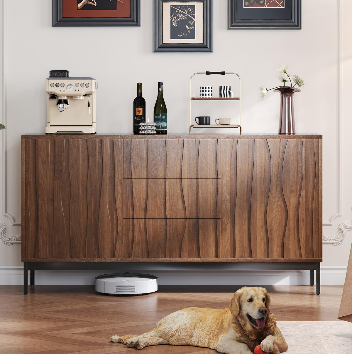 SIDEBOARD mit Schubladen und 2 verstellbaren Regalen, slotted Design, 150/40/80 cm, Dunkelbraun - Dunkelbraun, Holzwerkstoff (150/80/40cm) - Redom