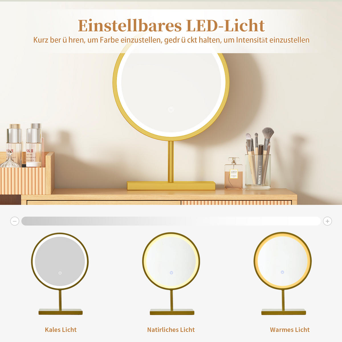 SCHMINKTISCH in Naturfarben Frisiertisch mit LED-Spiegel & 3-Farb-Beleuchtung Kosmetiktisch aus Holz B120/T40/H90cm - Naturfarben, Holzwerkstoff/Metall (120/90/40cm) - STILVORA