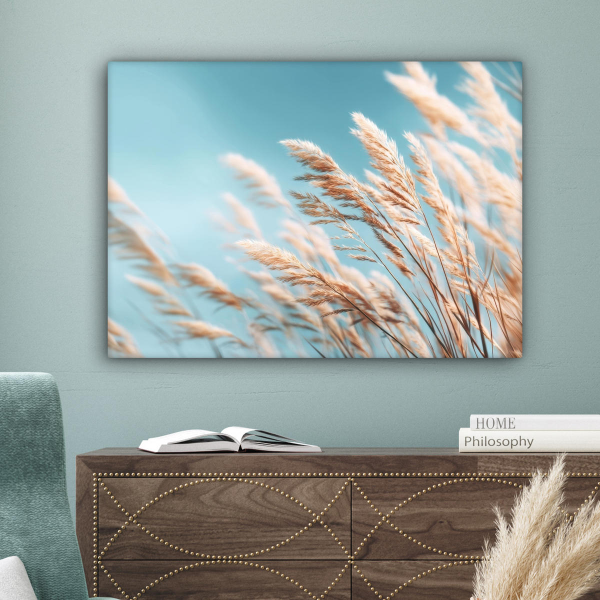 LEINWANDBILD Ziergras - Wind - Hellbraun Wandbilder 80x60 cm - Hellblau, Textil (80/60cm) - MuchoWow