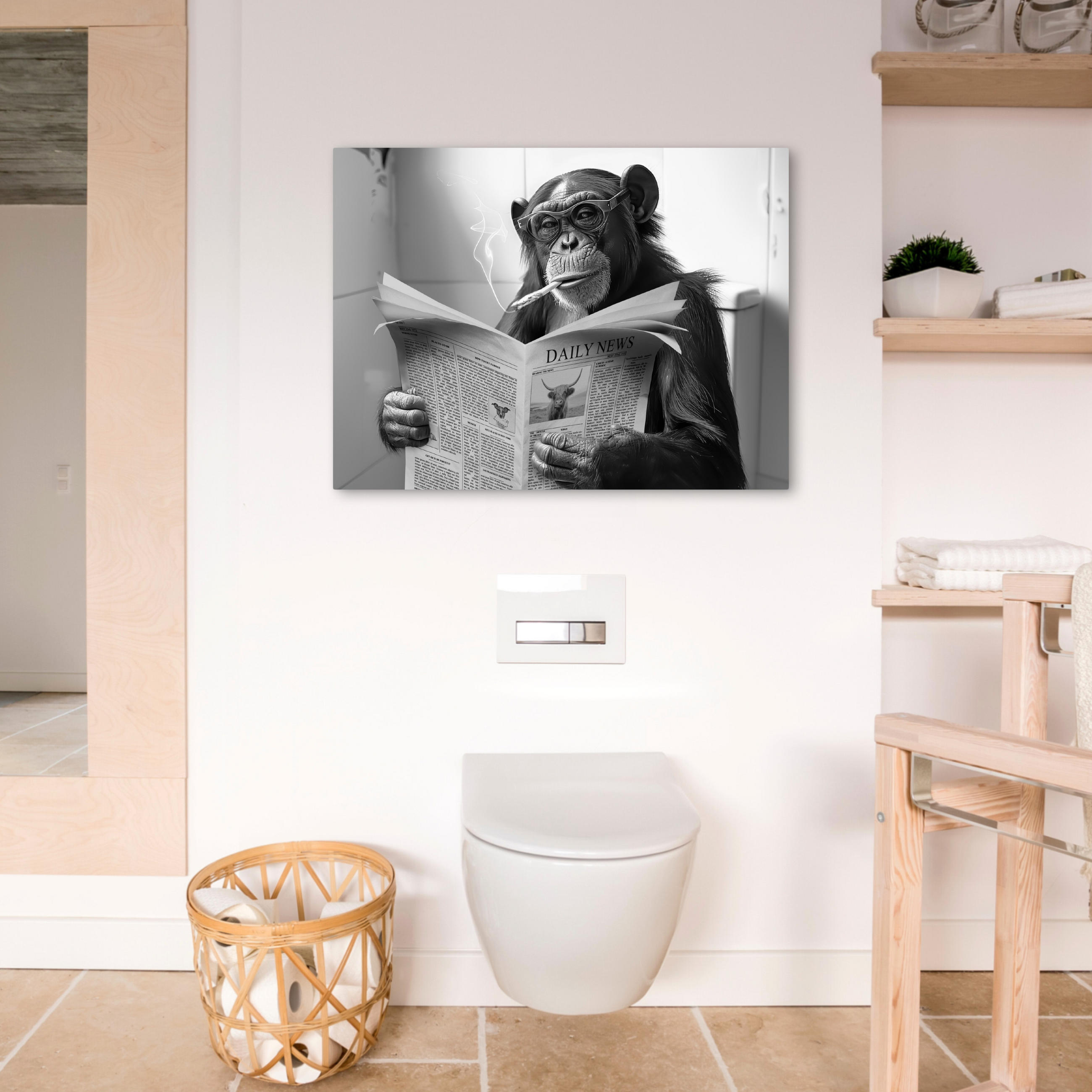 LEINWANDBILD Affe - WC - Zeitung - Schwarz-Weiß - Humor Wandbilder 80x60 cm - Hellgrau, Textil (80/60cm) - MuchoWow