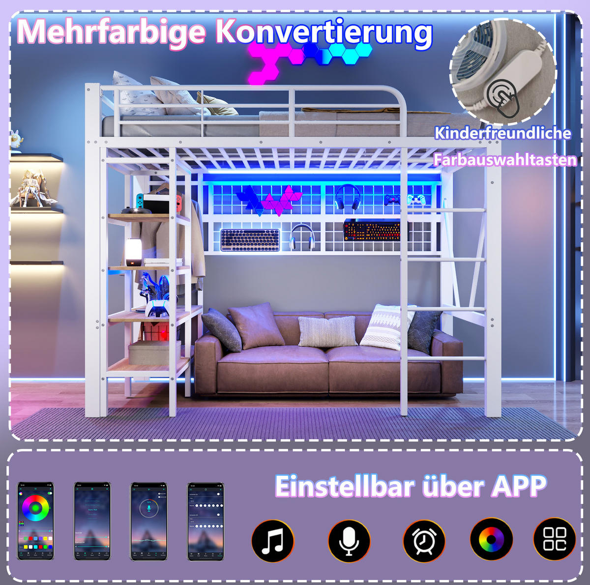 HOCHBETT 90/200 cm mit Eisenrahmen, Schreibtisch, LED-Lichtleiste, USB-Anschluss und Stauraumleiter, Weiß - Weiß, Metall (90/200cm) - Redom