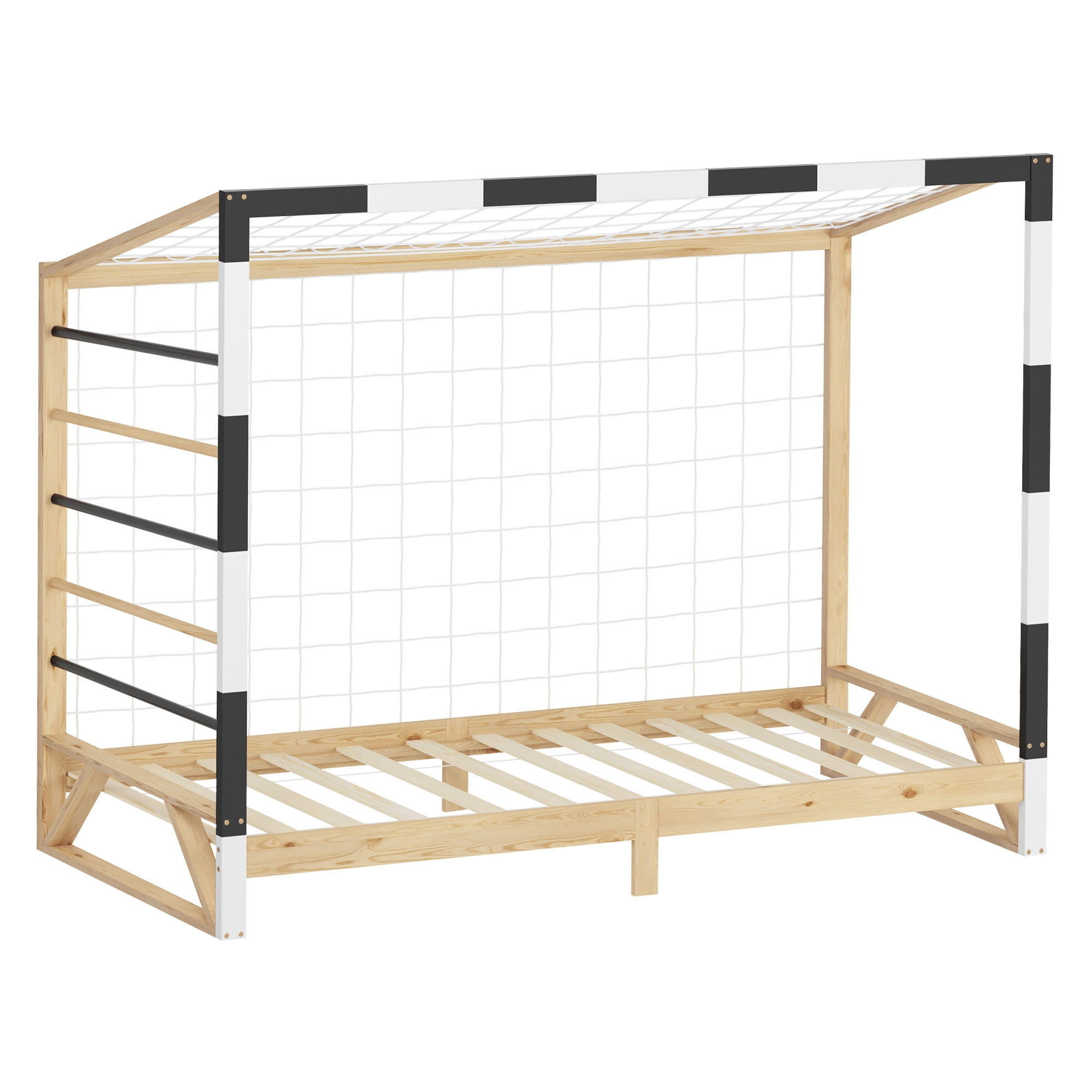KINDERBETT Fußballtor 90x200 cm Schwarz-Weiß - Hellbraun, Holz (90/200cm) - ML-DESIGN