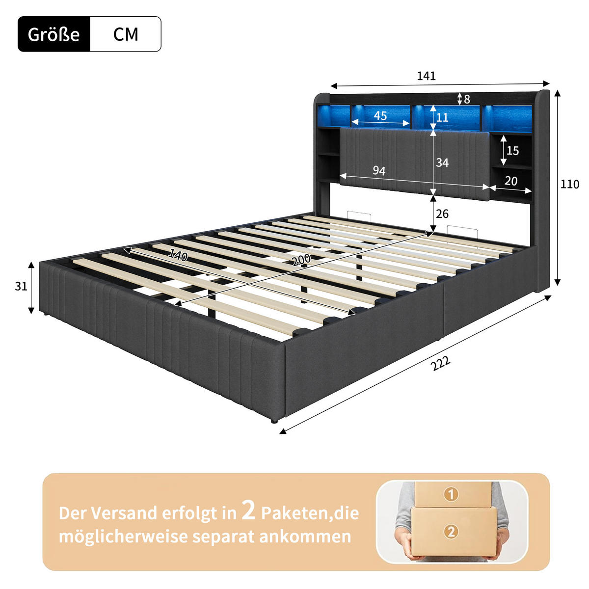 POLSTERBETT 140x200 cm Dunkelgrau Leinen mit Bettkasten, Hydraulik, LED RGB & USB Steckdose - Schwarz, Holz - SHOPENTRA