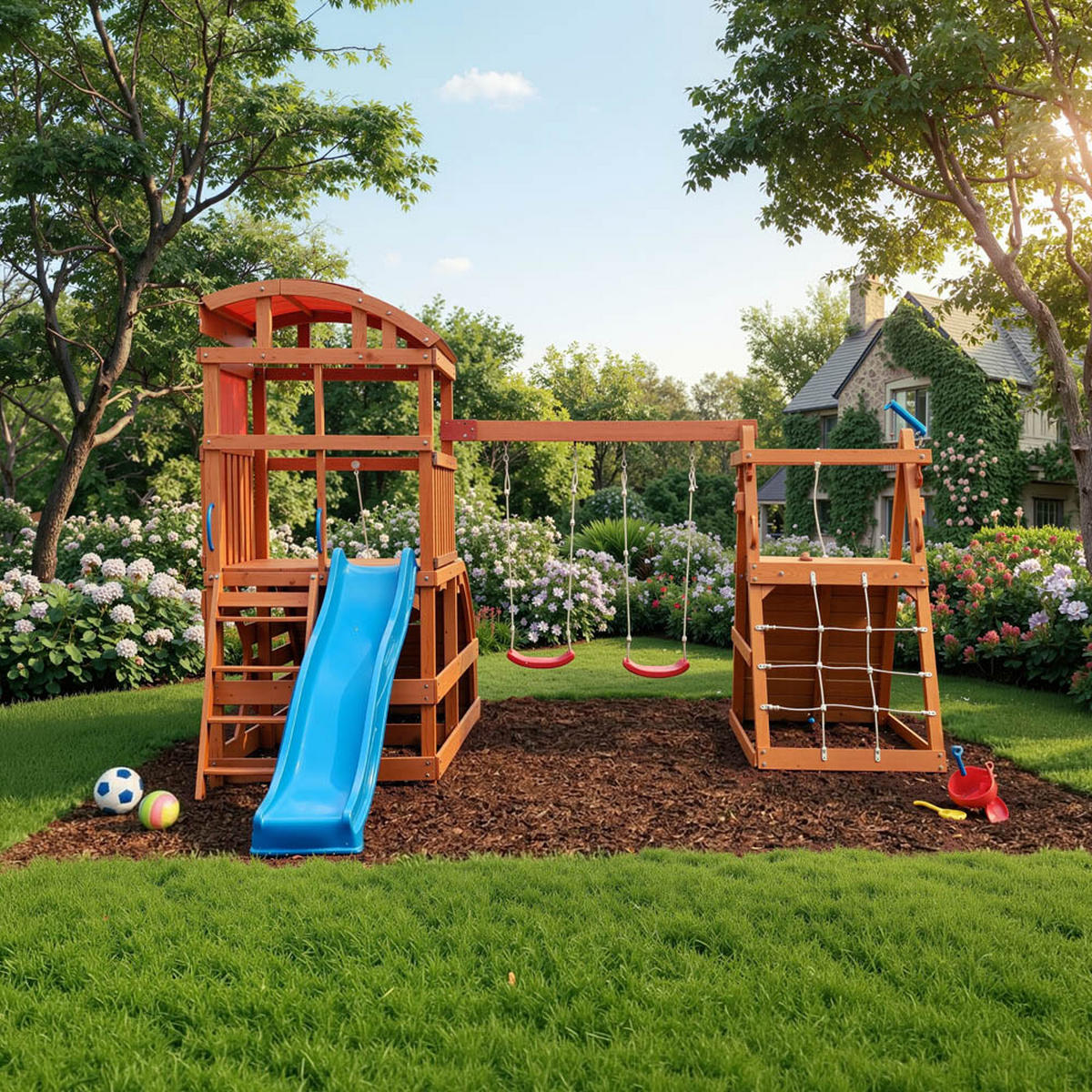 SPIELTURM MIT DOPPELSCHAUKEL NIA - 420 x 280 cm - Nussbaumfarben, Holz (420/278.4/448.4cm) - Home Deluxe