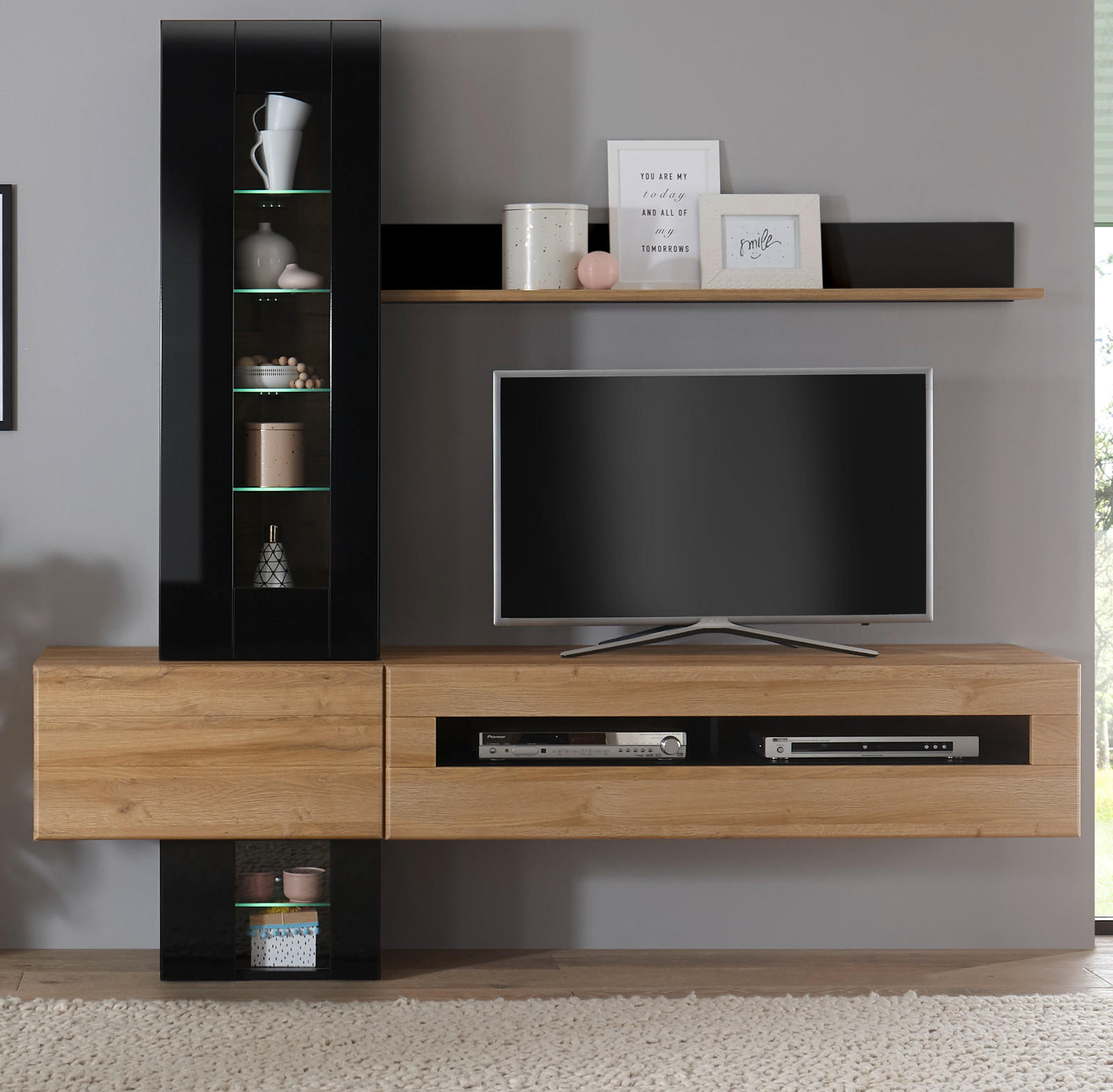 WOHNWAND schwarz Hochglanz, Grandson Eiche, mit Anbauwand 210 cm - Schwarz Hochglanz/Eichefarben, Glas/Holzwerkstoff (325/200/48cm) - Furn.Design
