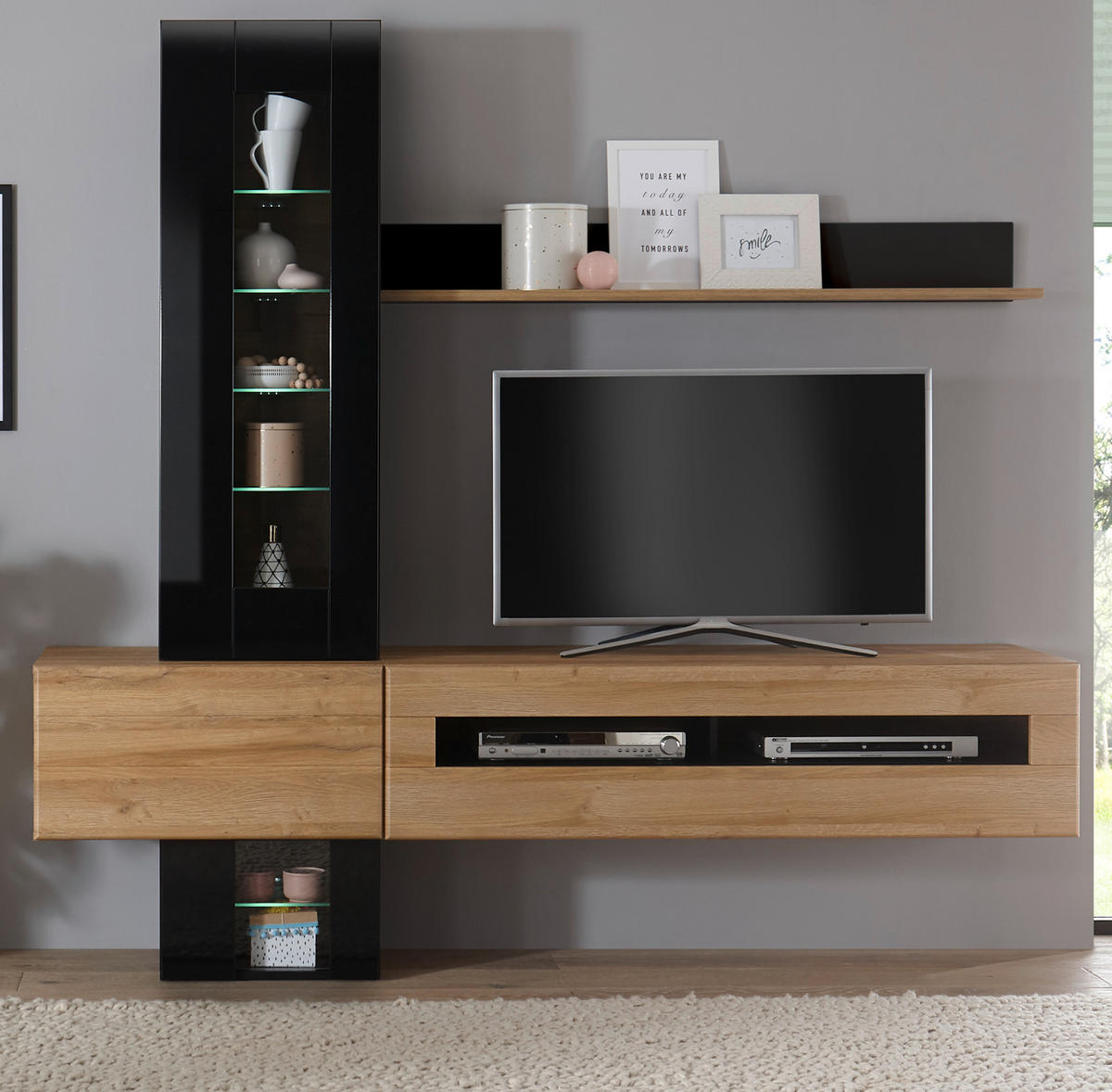 WOHNWAND schwarz Hochglanz, Grandson Eiche, mit Anbauwand 210 cm - Schwarz Hochglanz/Eichefarben, Glas/Holzwerkstoff (325/200/48cm) - Furn.Design