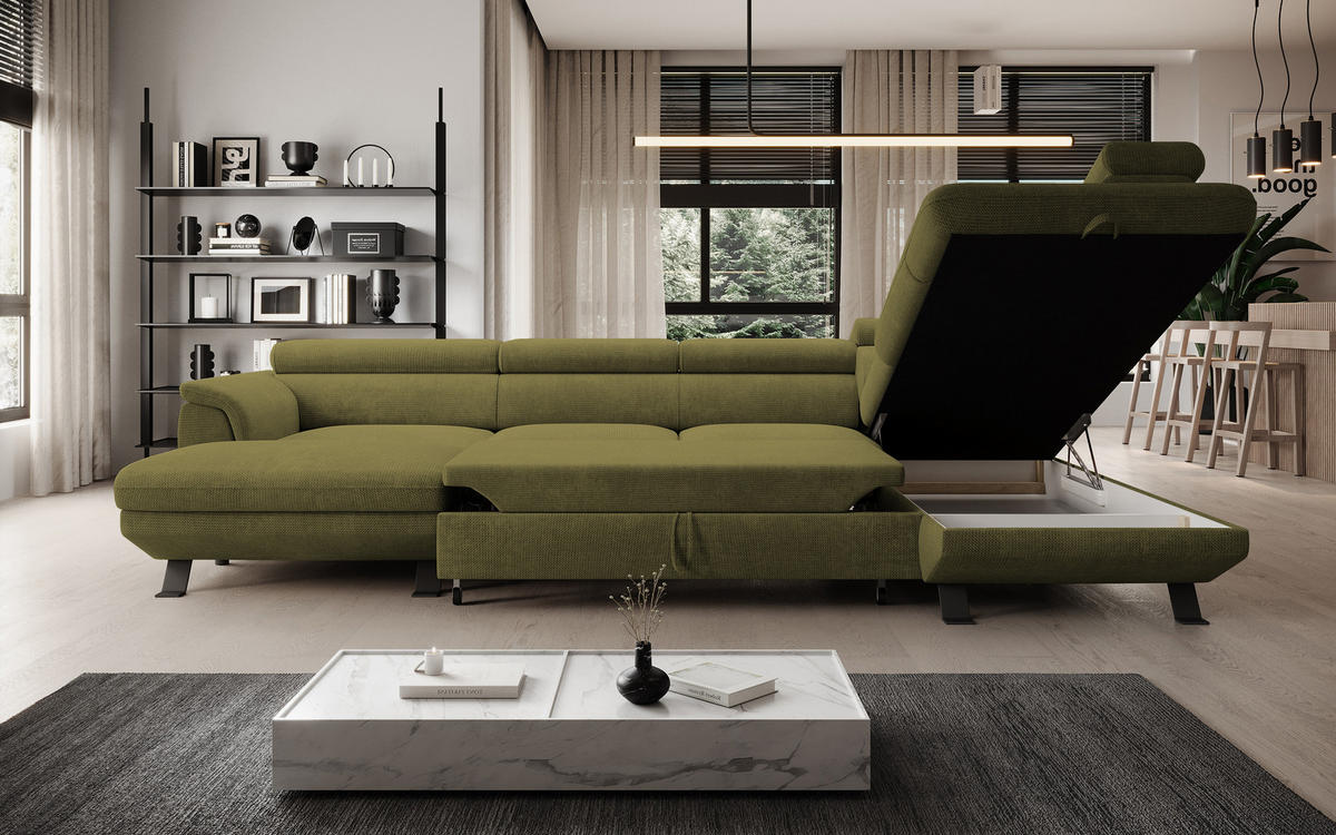 ECKSCHLAFSOFA Raven XL, Verstellbaren Kopfstützen, Bettkasten, Großes Sofa 334x198x162cm Rechte, Mostaza - Hellgrün, Holz/Textil (334/198cm) - DomoHome