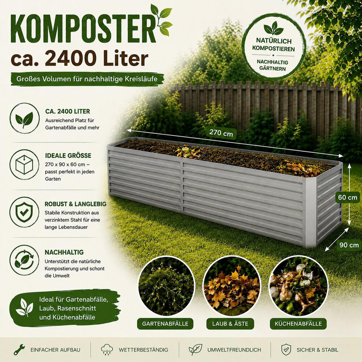 KOMPOSTER Garten, Silber, 270 x 90 cm - Silberfarben, Metall (270/60/90cm) - Vicco