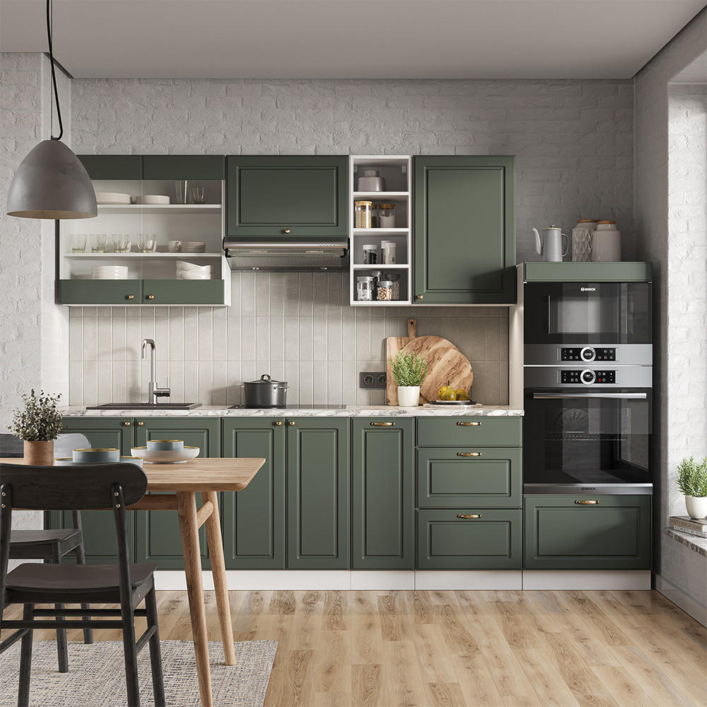 KÜCHENZEILE Fame-Line Grün-Gold Landhaus/Weiß 280 cm, AP Anthrazit - Weiß/Grün, Holzwerkstoff (280/81.6/60cm) - Vicco