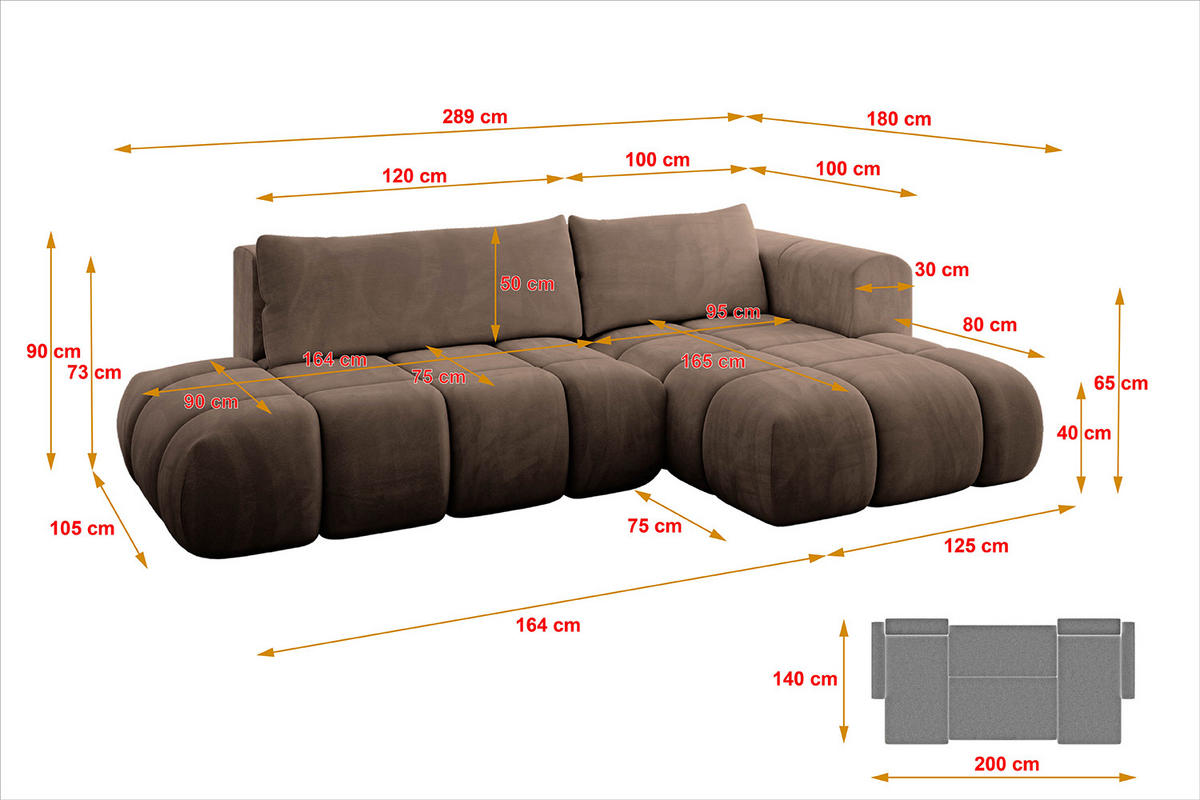 ECKSOFA Ottomane Rechts CLOUD-L 289x180x40 Braun Velours - Braun, Holzwerkstoff/Kunststoff (289/180cm) - ALTDECOR