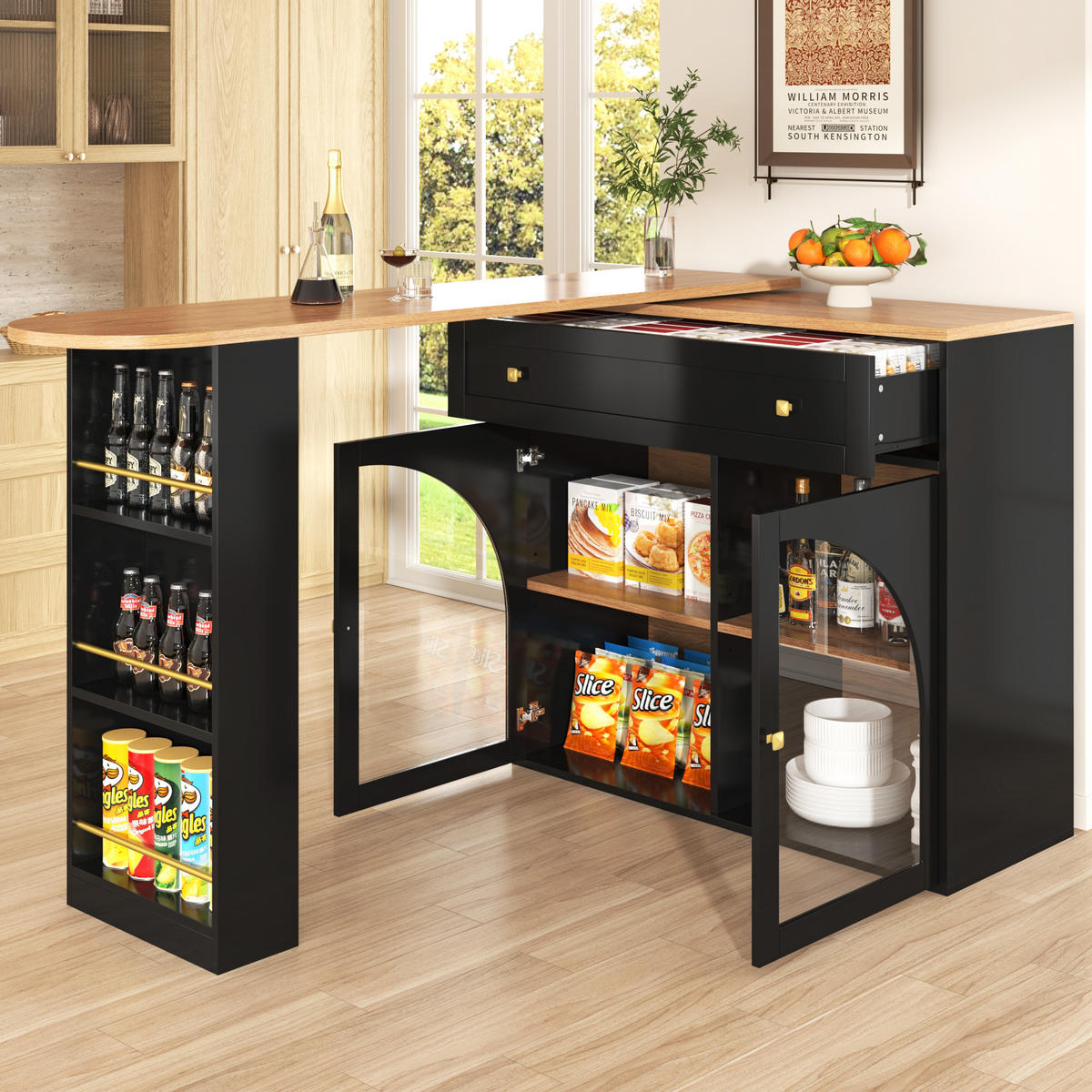 BARTISCH, MDF ausziehbar 138-204/39/104 cm mit Stauraum & 360° drehbar, Schwarz - Schwarz, Holzwerkstoff (39/104/138cm) - Redom