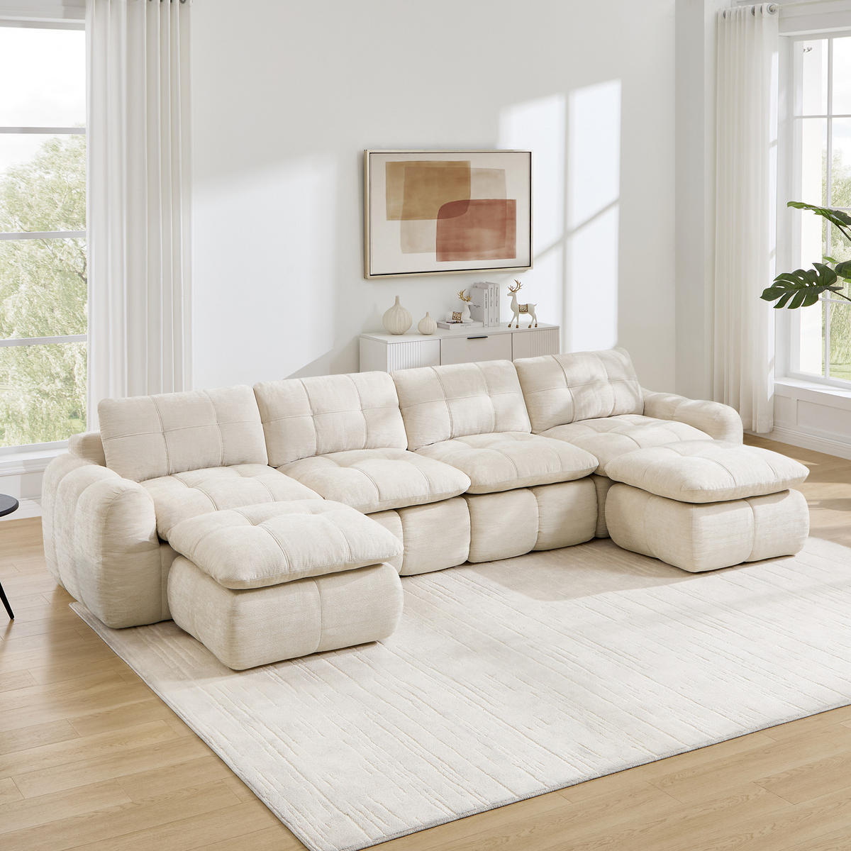 WOHNLANDSCHAFT DE-34464 U-Form mit 2 Ottomanen und Karostepp Beige - Beige, Textil (160/68.5/334cm) - ComfortXL