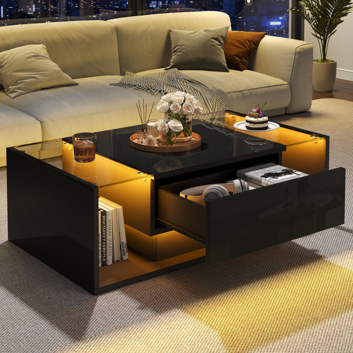 COUCHTISCH LED Schwarz 1 Schublade Glas Hochglanz 100x50x31cm - Schwarz, Holzwerkstoff (100/50/31cm) - FLIEKS