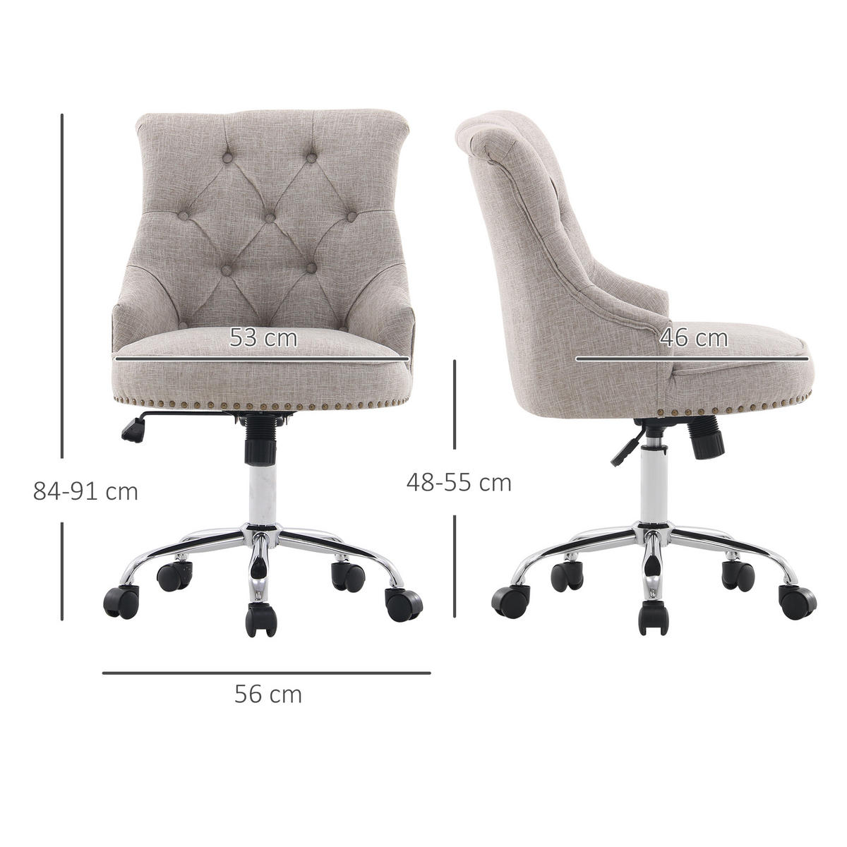 DREHSTUHL mit Rollen, Leinen, Hellgrau - Grau, Textil (65.5/91/54cm) - HOMCOM