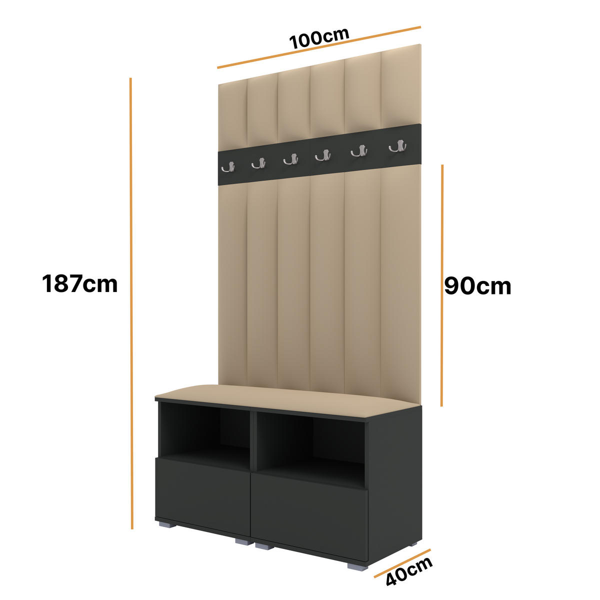 GEPOLSTERT Garderoben-Set Nela III LUX (Farbe Graphit + Stoff Trinity 04) - Beige/Silberfarben, Holz/Holzwerkstoff (100/187/40cm) - Ravio