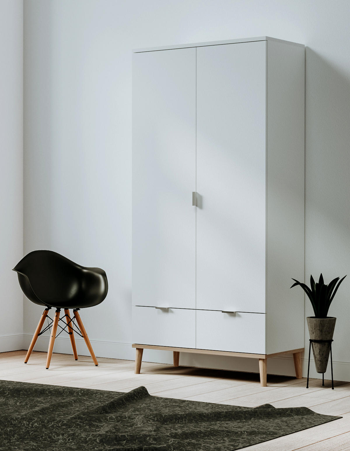 KLEIDERSCHRANK weiß matt, Eiche Sonoma massiv 90 x 180 cm, Drehtürenschrank skandinavisch - Chromfarben/Eichefarben, Holz/Holzwerkstoff (90/180/55cm) - Furn.Design
