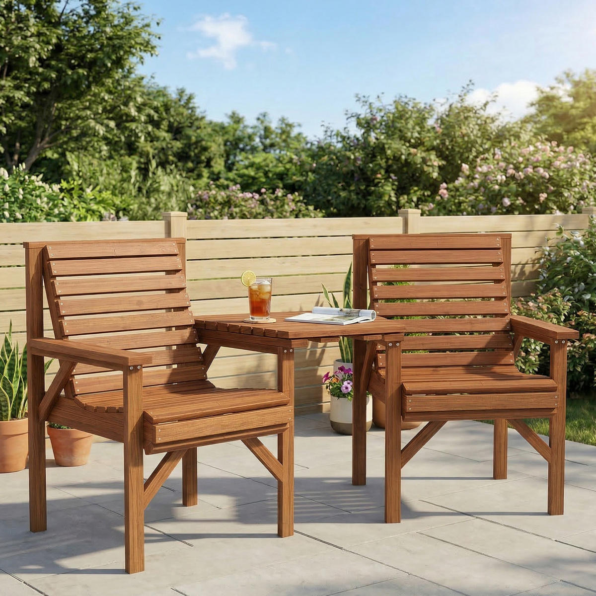 BISTRO-SET DE-07332 aus Holz mit Lamellendesign und Sonnenschirmloch Verkohlt - Naturfarben, Holz - ComfortXL