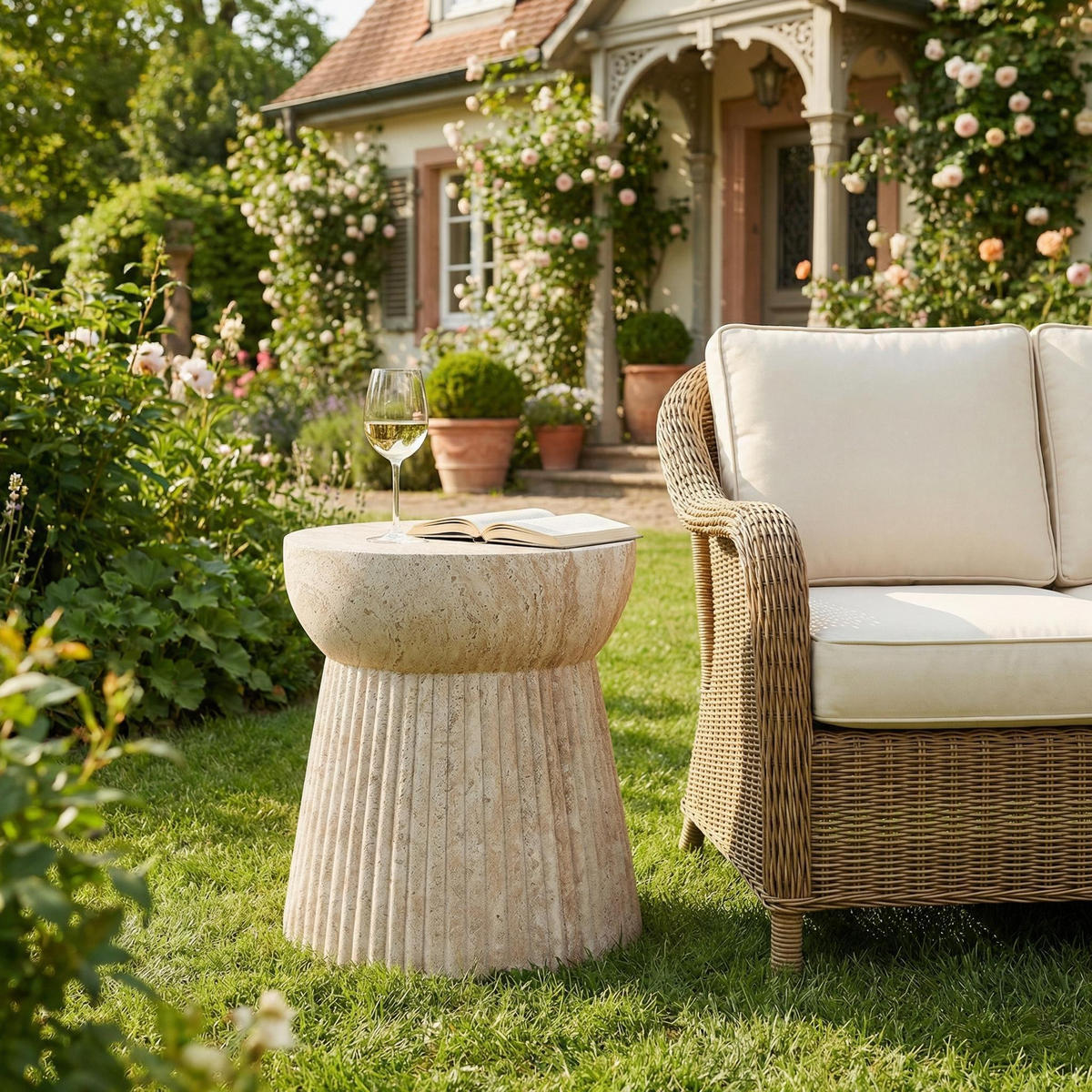 BEISTELLTISCH in Travertinoptik mit modernem Stil - Beige, Naturmaterialien (38/38/43cm) - KOMHTOM