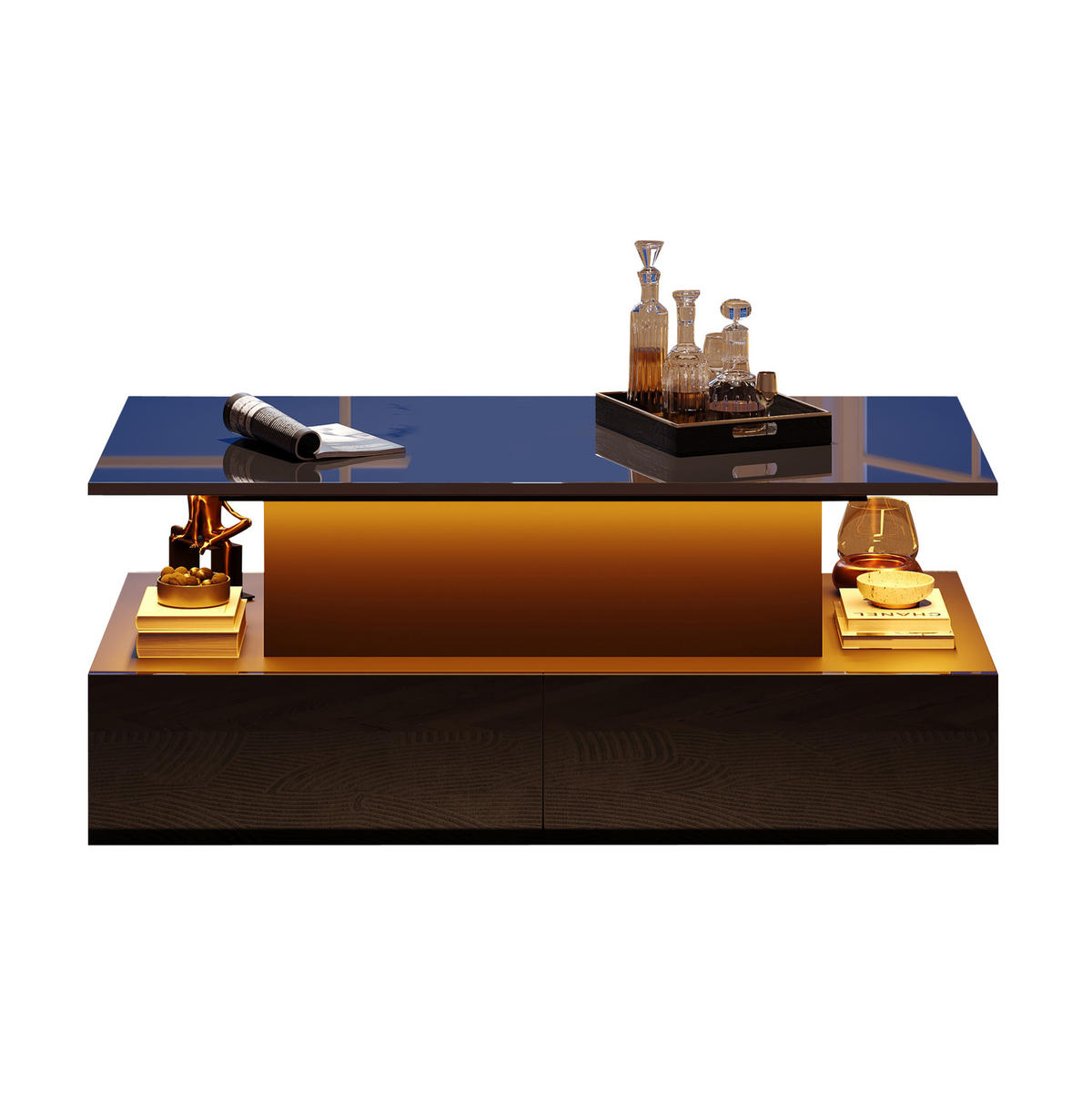 COUCHTISCH aus Spanplatte 90x55x41 cm Schwarz mit LED-Beleuchtung, 4 Schubladen und ausziehbarer Tischplatte - Schwarz, Holzwerkstoff (90/55/41cm) - Modfu