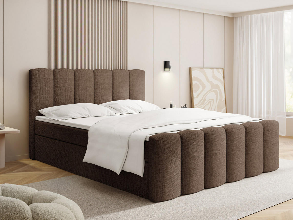 BOXBETT Serenity mit Bettkasten, Braun Chenille 160x200 cm – inkl. H4 Taschenfederkern Matratze & Foam Topper - Schwarz/Braun, Holz/Holzwerkstoff (160/200cm) - WFL GROUP