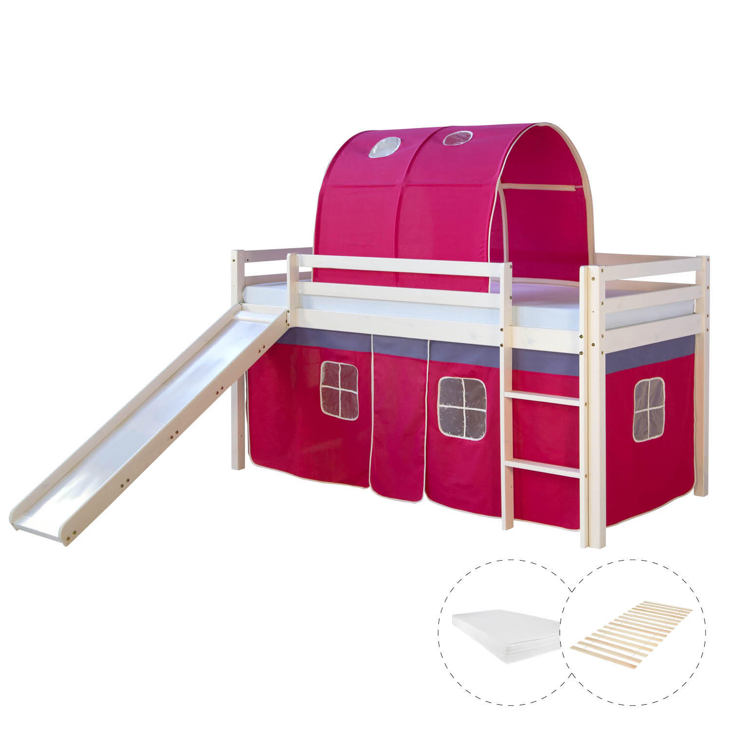 HOCHBETT 90/200 cm in Weiß mit Lattenrost + Matratze - Pink/Weiß, Holz (90/200cm) - Homestyle4u