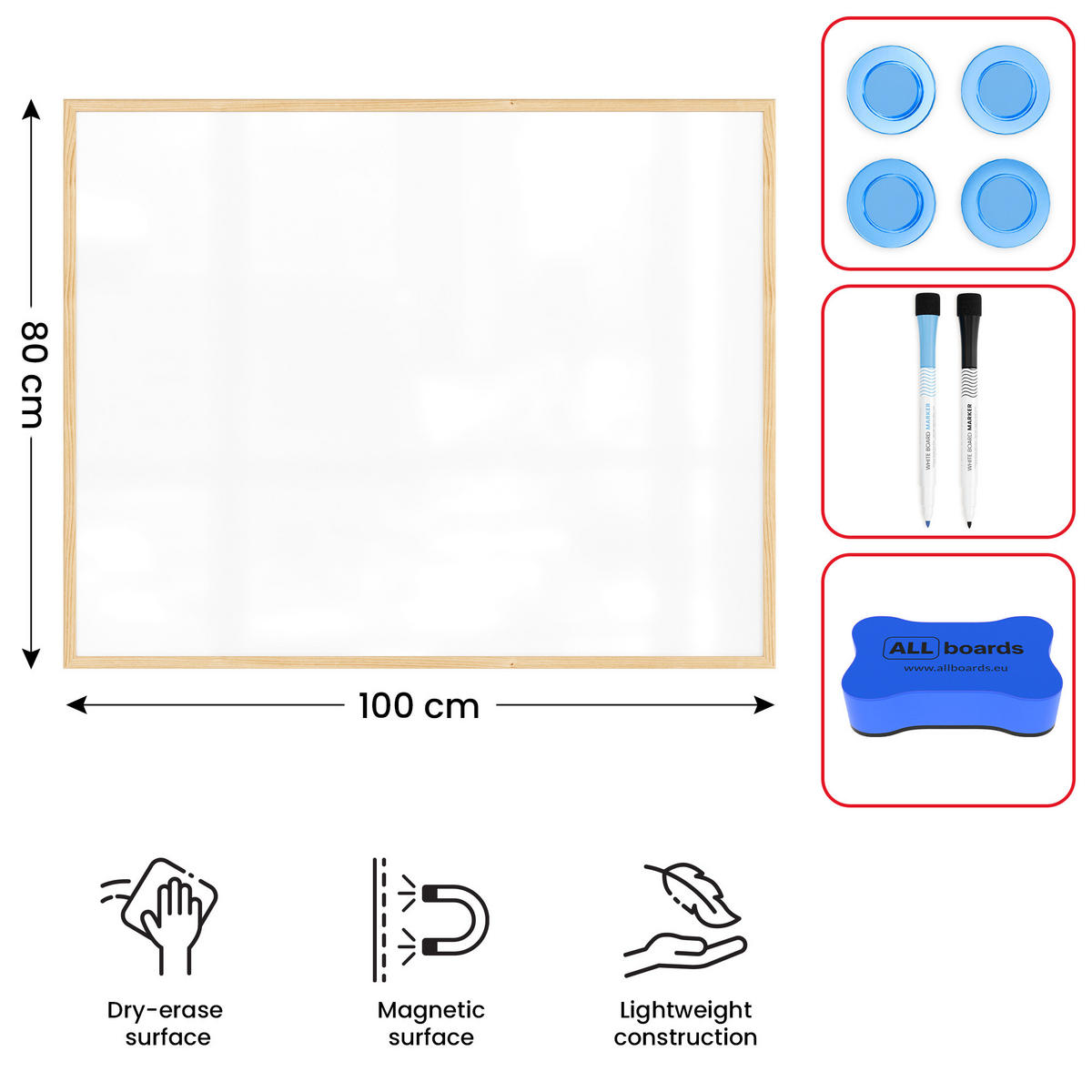 WHITEBOARD Magnetisch mit Naturholzrahmen 100x80cm - Weiß, Metall (100/80/1.5cm) - ALLboards