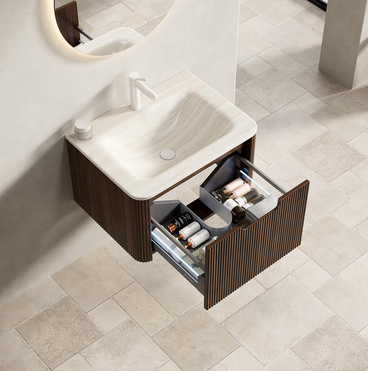 WAND-WASCHTISCH 60 cm mit integriertem Becken Beige/Walnuss - Beige, Holzwerkstoff (46/37.5/60cm) - Beauniv