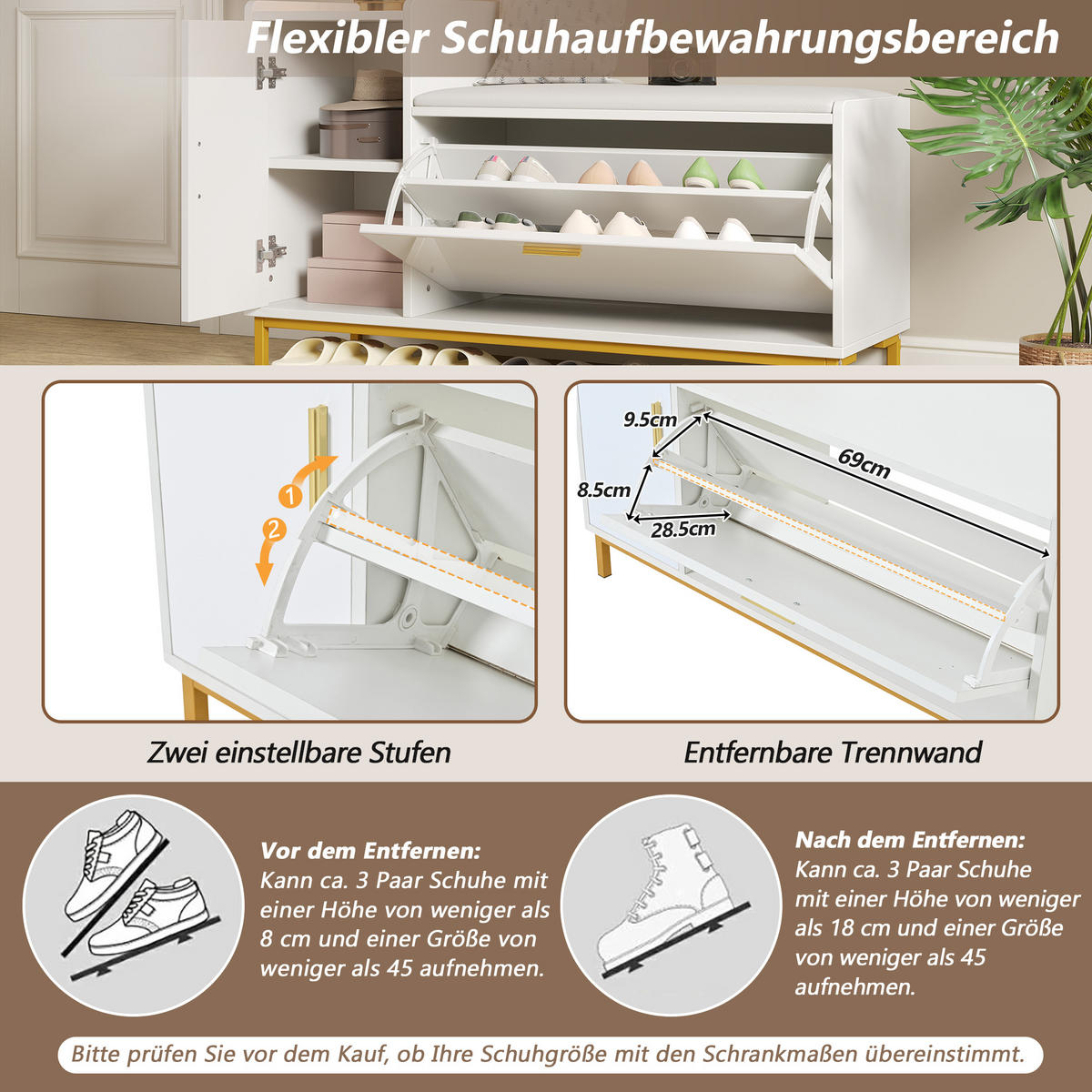 SCHUHSCHRANK Weiß Gold Hochglanz 100x38x68cm Sitzbank Stauraum - Multicolor, Holzwerkstoff (38/68/100cm) - FLIEKS