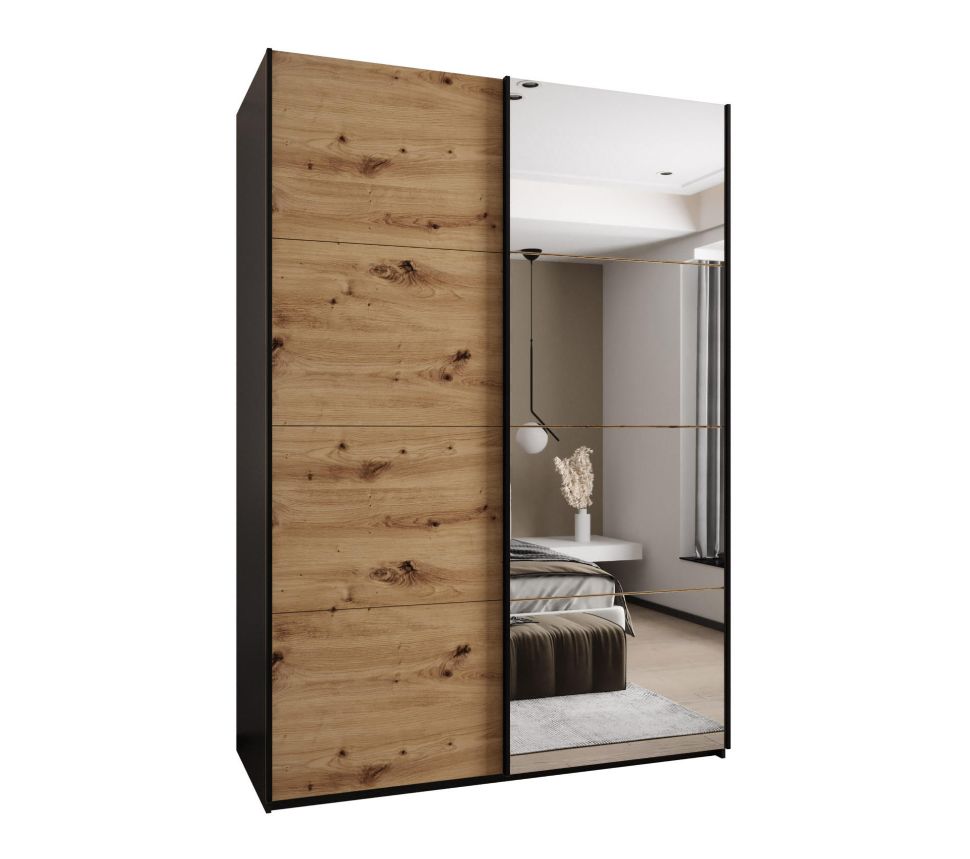 Abiks Möbel Schwebetürenschrank Schwarz, Eiche Artisan, Schwarz 180x245x64 cm