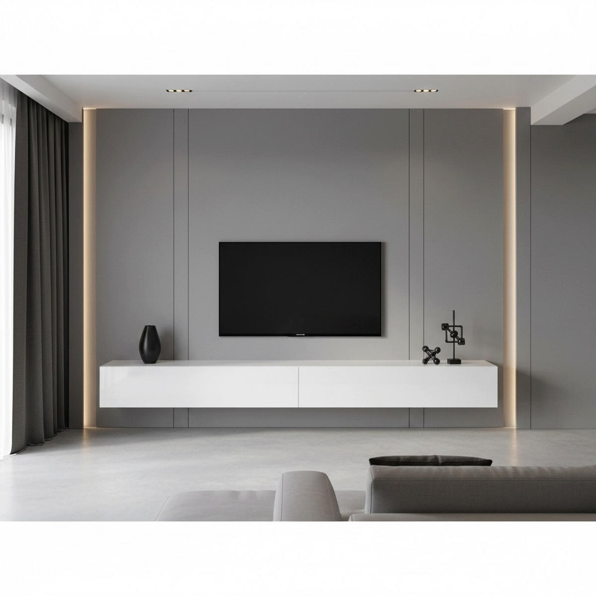 LOWBOARD Lia, hängendes Tv-Board, Moderner Fernsehschrank 330 cm lang Fernsehtisch 2er Set, Weiß matt/Weiß Hochglanz (38,5 x 330 x 30 cm) - Weiß Hochglanz, Holzwerkstoff (330/30/38.5cm) - InnoFurn