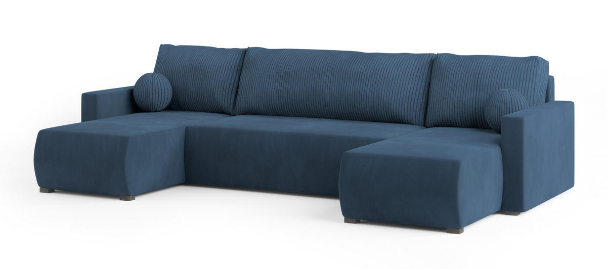 WOHNLANDSCHAFT TESSUN Blau Plüsch-Stoff mit Schlaffunktion - Blau, Holz (286/85/143cm) - MASSENO