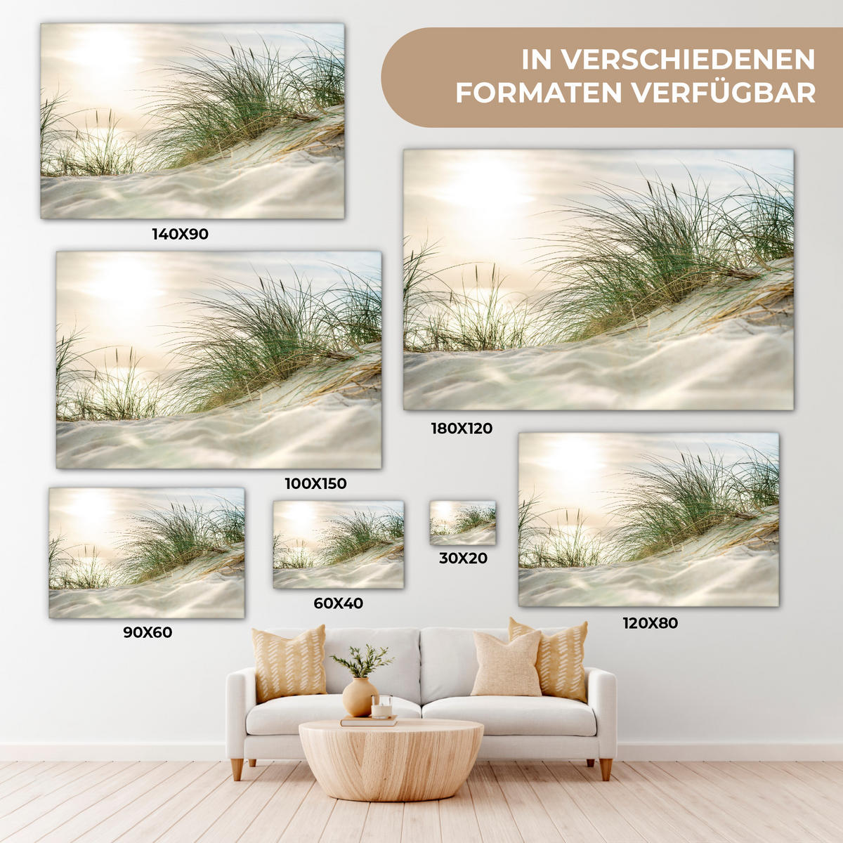 LEINWANDBILD Dünen mit Strandhafer in der Sonne des Nationalparks Schleswig-Holsteinisches Wattenmeer Groß 140x90 cm - Creme, Textil (140/90cm) - MuchoWow