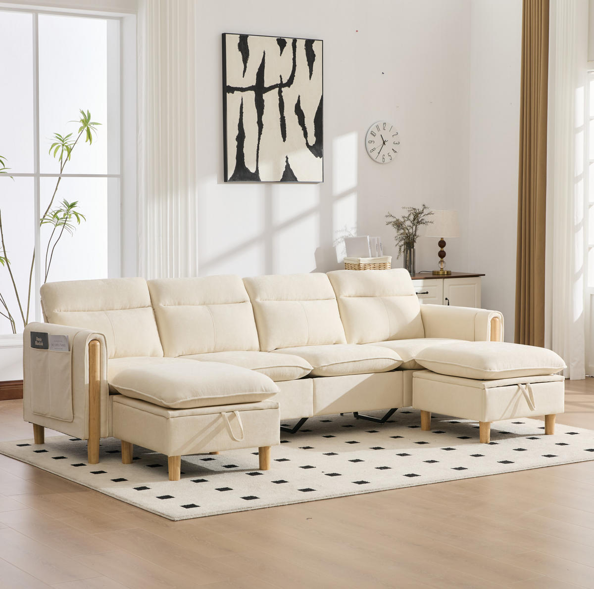 SOFA-SET 4-Sitzer mit 2 Hockern und Stauraum Chenille Beige - Beige, Holz (77/86/261cm) - Meubliv