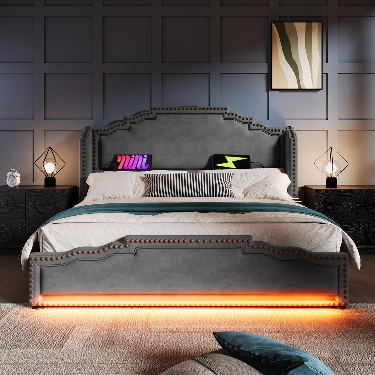 POLSTERBETT 140X200 cm mit LED-Beleuchtung, USB C,Lattenrost,Schubladen,Matratze - Grau, Holz (140/200cm) - FLIEKS