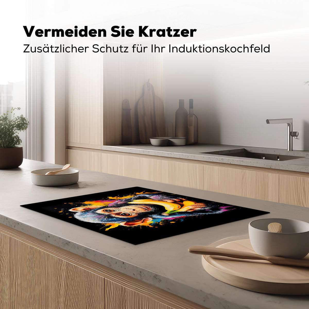 HERDABDECKPLATTE Affe - Graffiti - Farbenfroh - Bananen - Modern Herdabdeckung Induktionsfeld 70x52 cm - Gelb, Kunststoff (70/52/0.2cm) - MuchoWow