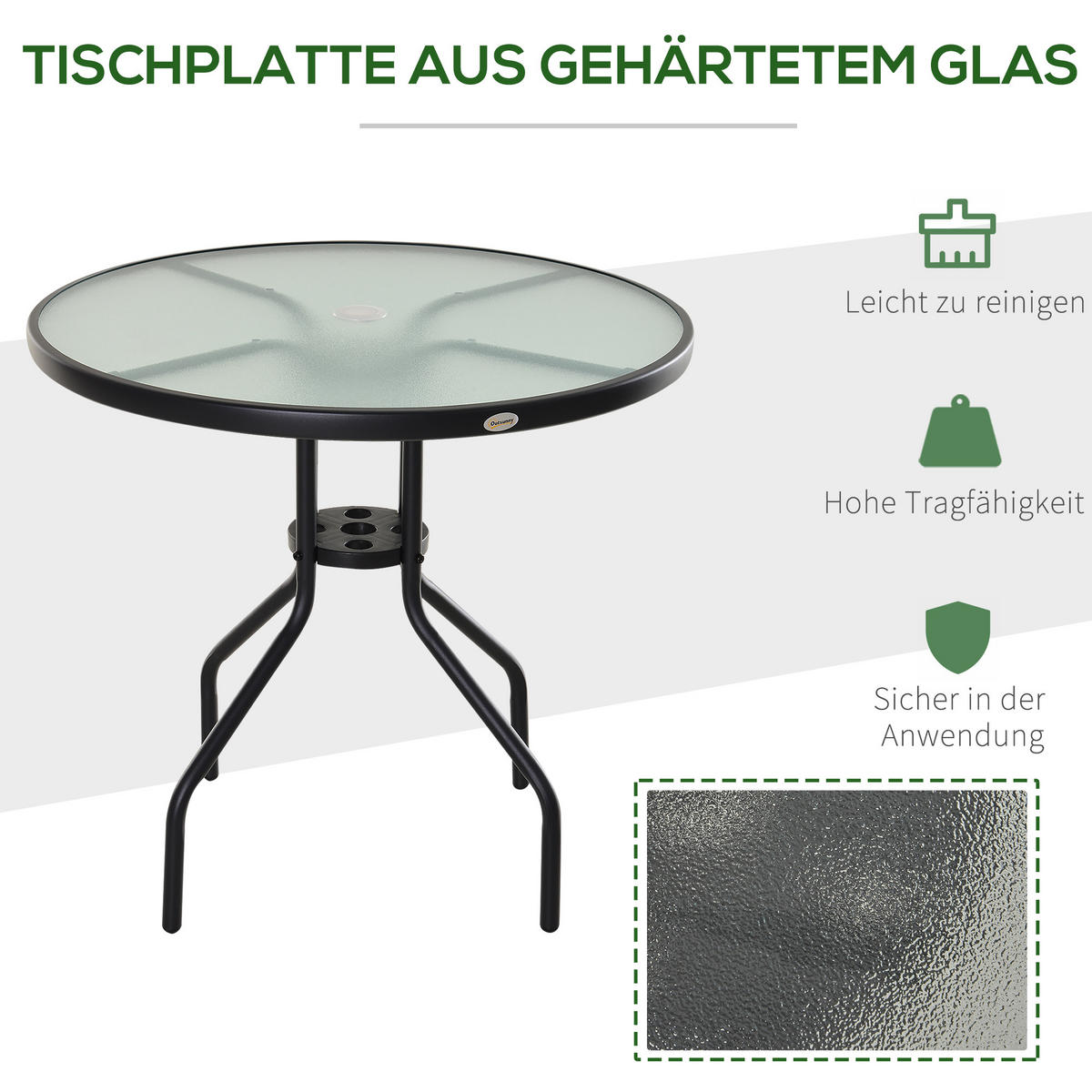 GARTENTISCH, Schwarz, Metall, Hartglas - Schwarz, Glas/Metall (80/80/72cm) - Outsunny