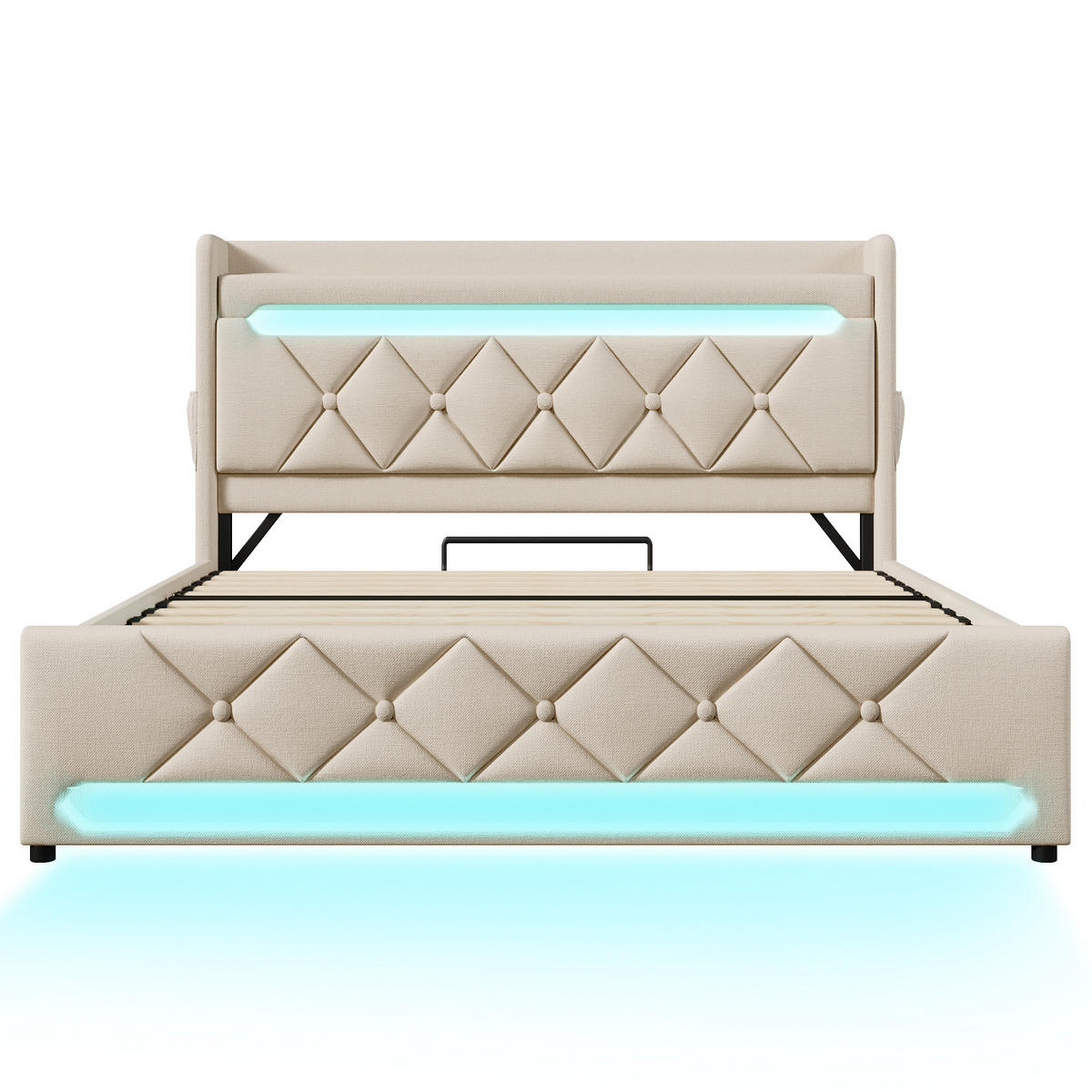 POLSTERBETT 140/200 cm beige mit Stauraum Kopfteil und LED-Beleuchtung - Beige, Textil (140/200cm) - OKWISH