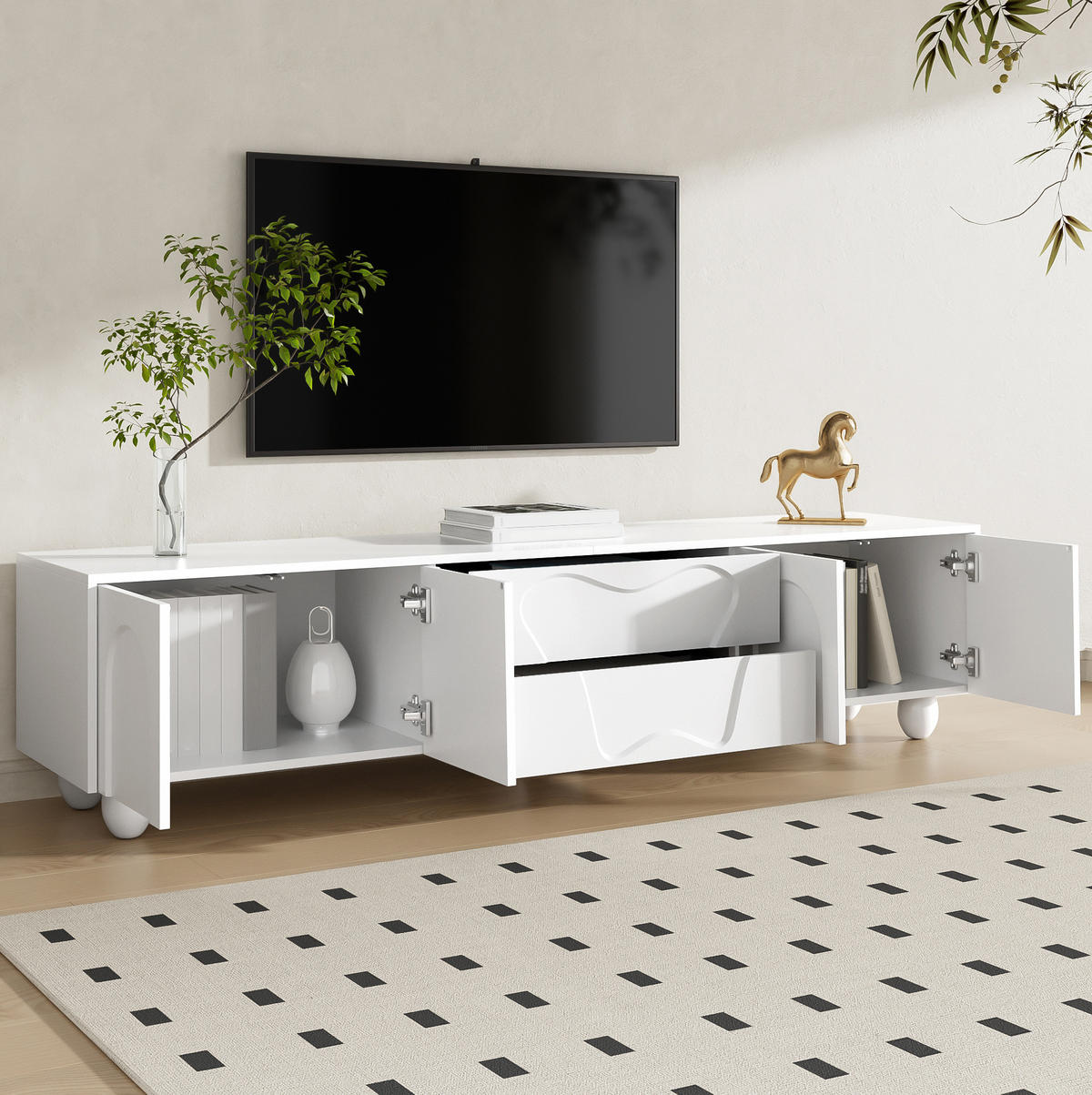 TV stolek 180/40/42 cm s úložným prostorem, masivními dřevěnými nohami a matným povrchem, Bílá - bílá, kompozitní dřevo (180/42/40cm) - Redom