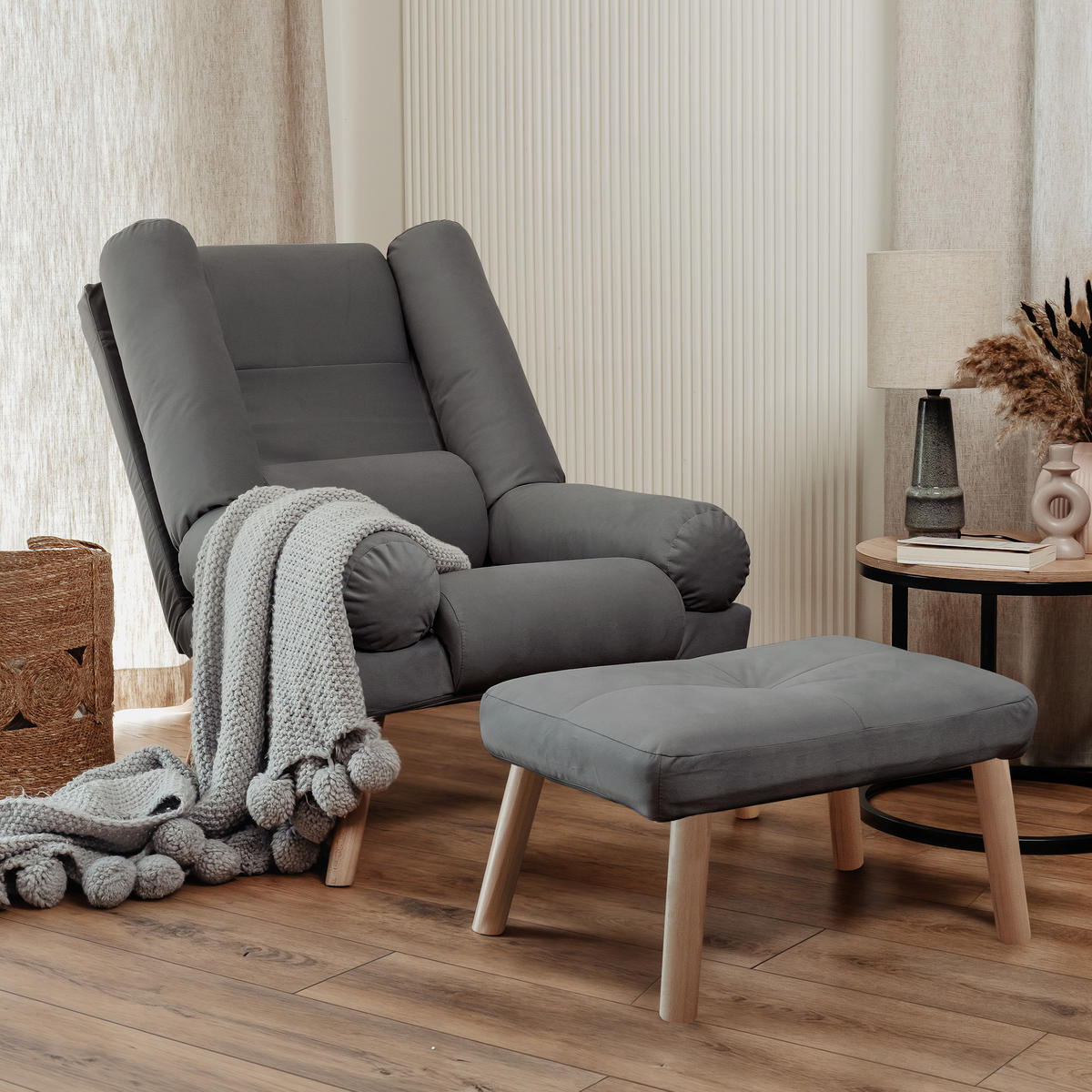 RELAXSESSEL LILA mit hocker, 75/75/100 cm, Graphit - Graphitfarben, Holz/Textil (75/100/75cm) - Idohome