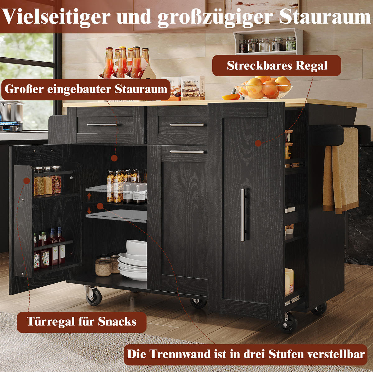 KÜCHENINSEL 110/46/90,5 cm aus MDF/Metall mit klappbarer Tischplatte Schwarz - Schwarz, Holzwerkstoff (110/90.5/74cm) - Modenvie
