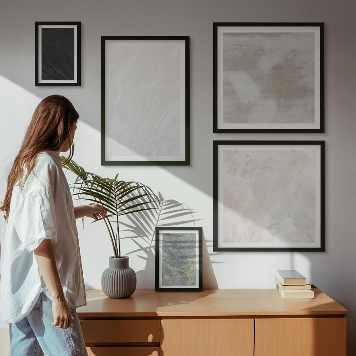 BILDER SET 5er Set - 50x50 cm & 20x30 cm & 40x60 cm Schwarzer Rahmen - Steintexturen - Schwarz, Kunststoff (40/60cm) - TULUP