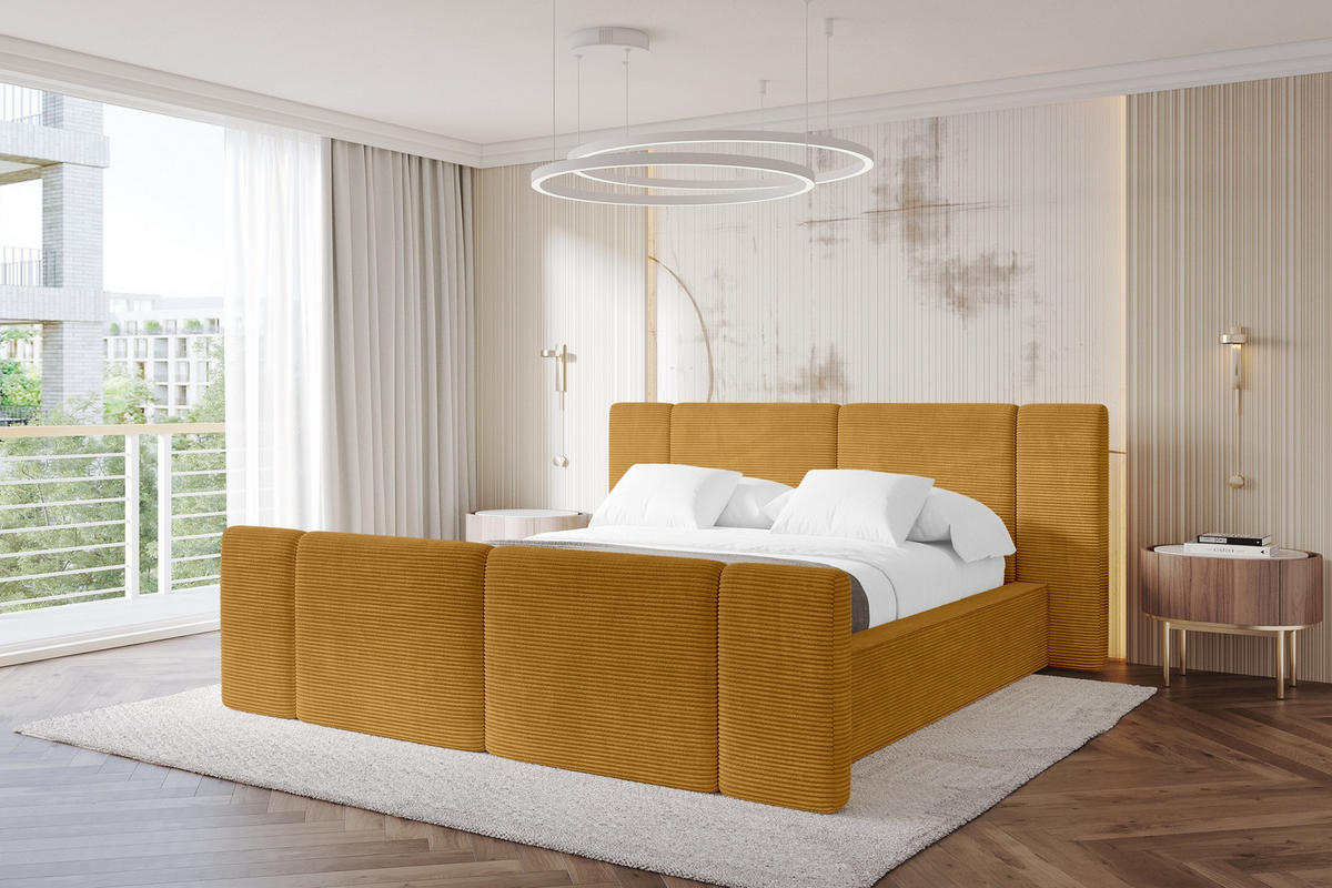 POLSTERBETT mit Bettkasten, Fußteil und Lattenrost, Bett mit Matratze H3/H4 - RIVO-Z 180x200 Senfgelb - Gelb, Holzwerkstoff/Textil (180/200cm) - ALTDECOR