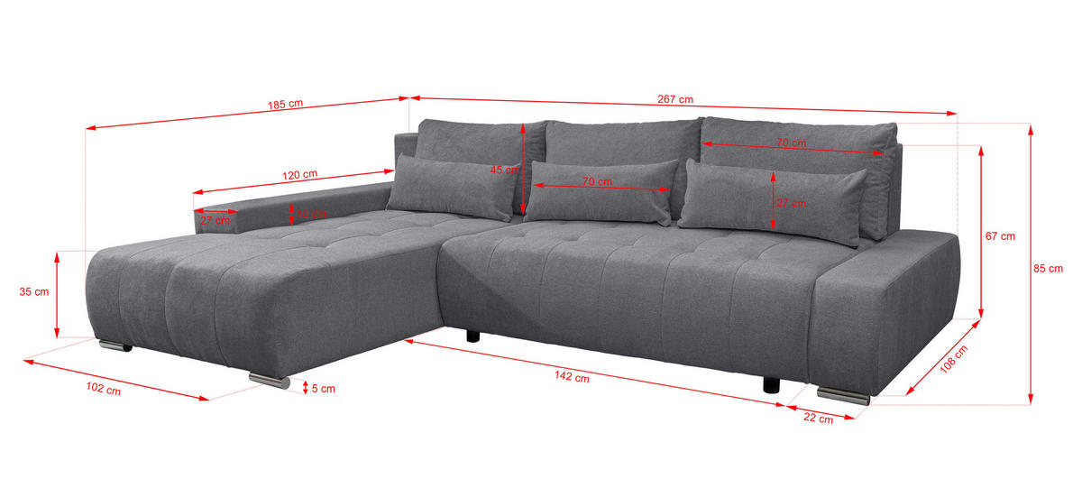 ECKSOFA Bloom mit Bettkasten und Schlaffunktion L-Form - Grau, Textil (267/185cm)
