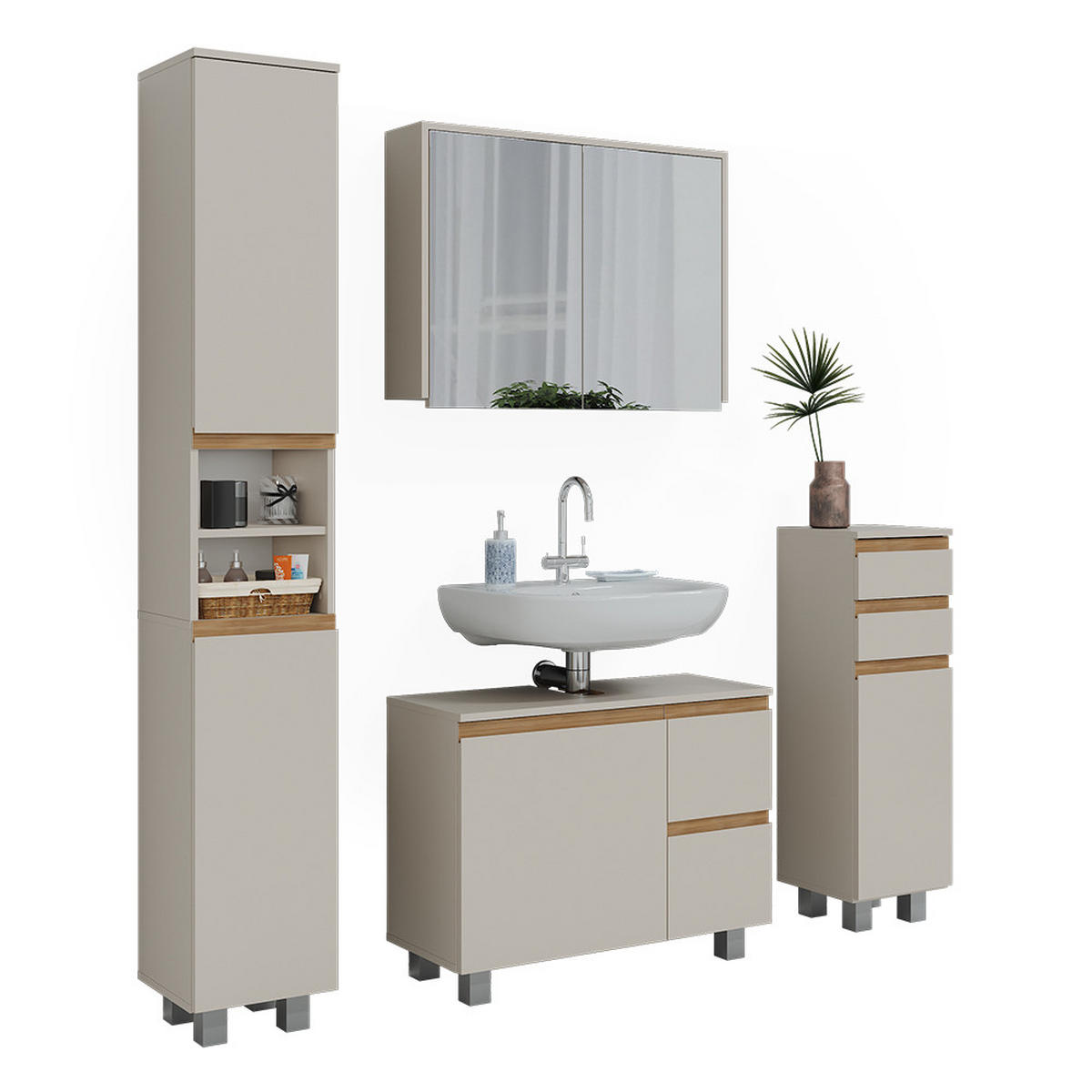 BADMÖBEL-SET J-Shape Cashmere/Artisan 4 Teile - Kaschmir/Hellgrau, Holzwerkstoff (80/60.8/33cm) - Vicco