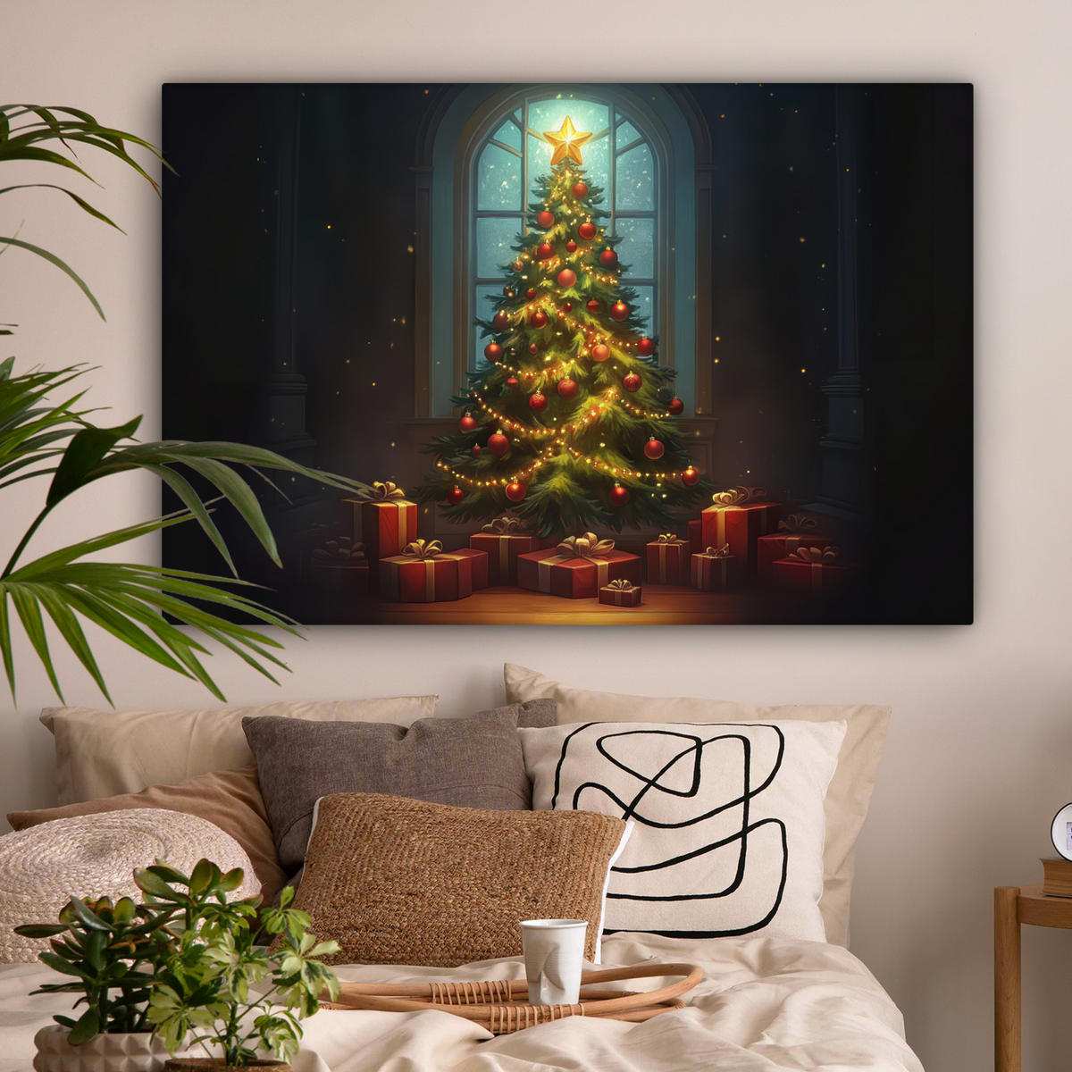 LEINWANDBILD Weihnachtsbaum - Geschenk - Winter Wohnzimmer 120x80 cm - Grün, Textil (120/80cm) - MuchoWow