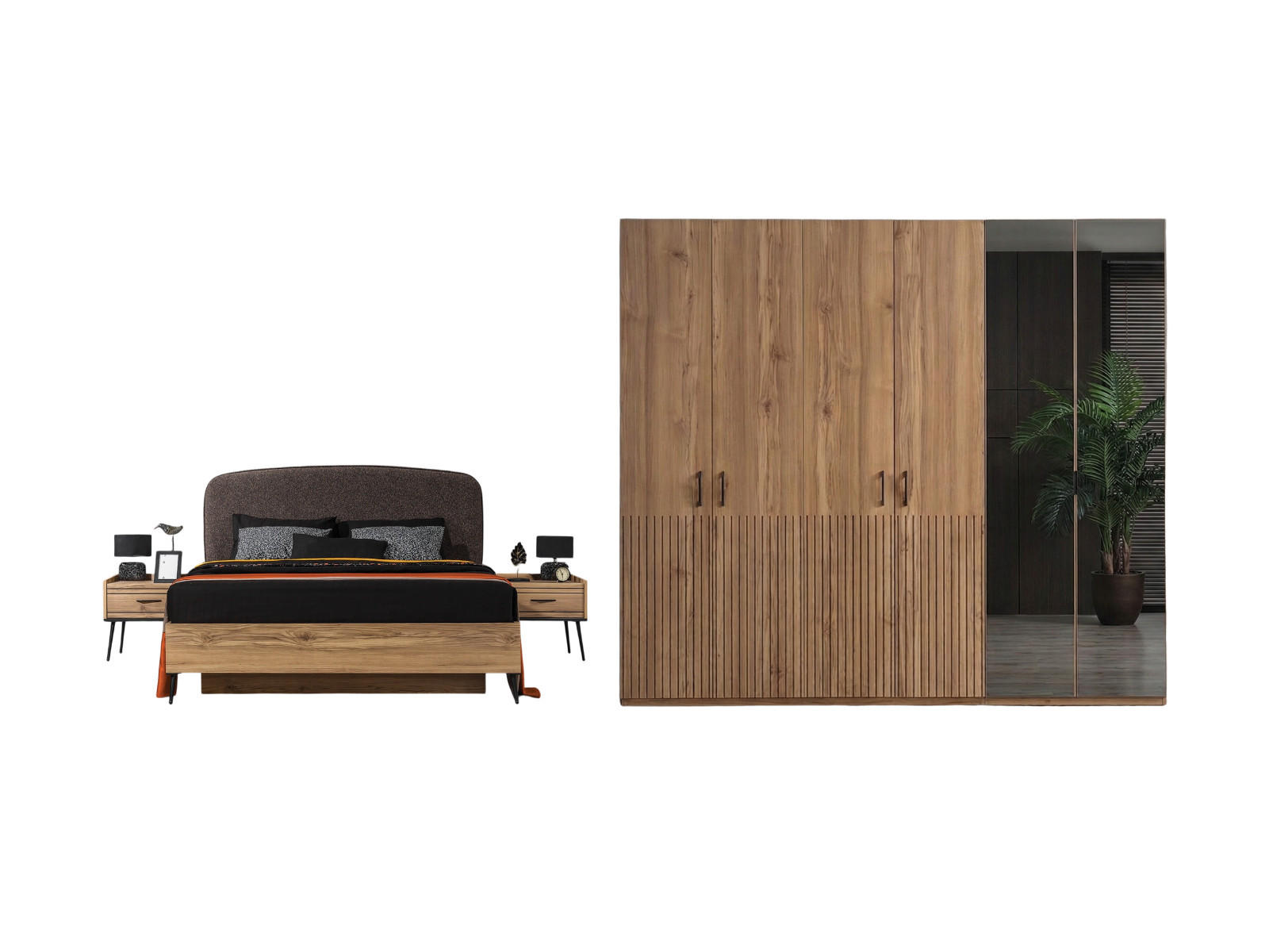 BETTANLAGE CIZGI Schlafzimmer-Set, 4-teilig, Eiche, Bett mit Kopfteil 2 Nachttischen und Kleiderschrank - Eichefarben, Holzwerkstoff (160/200cm)